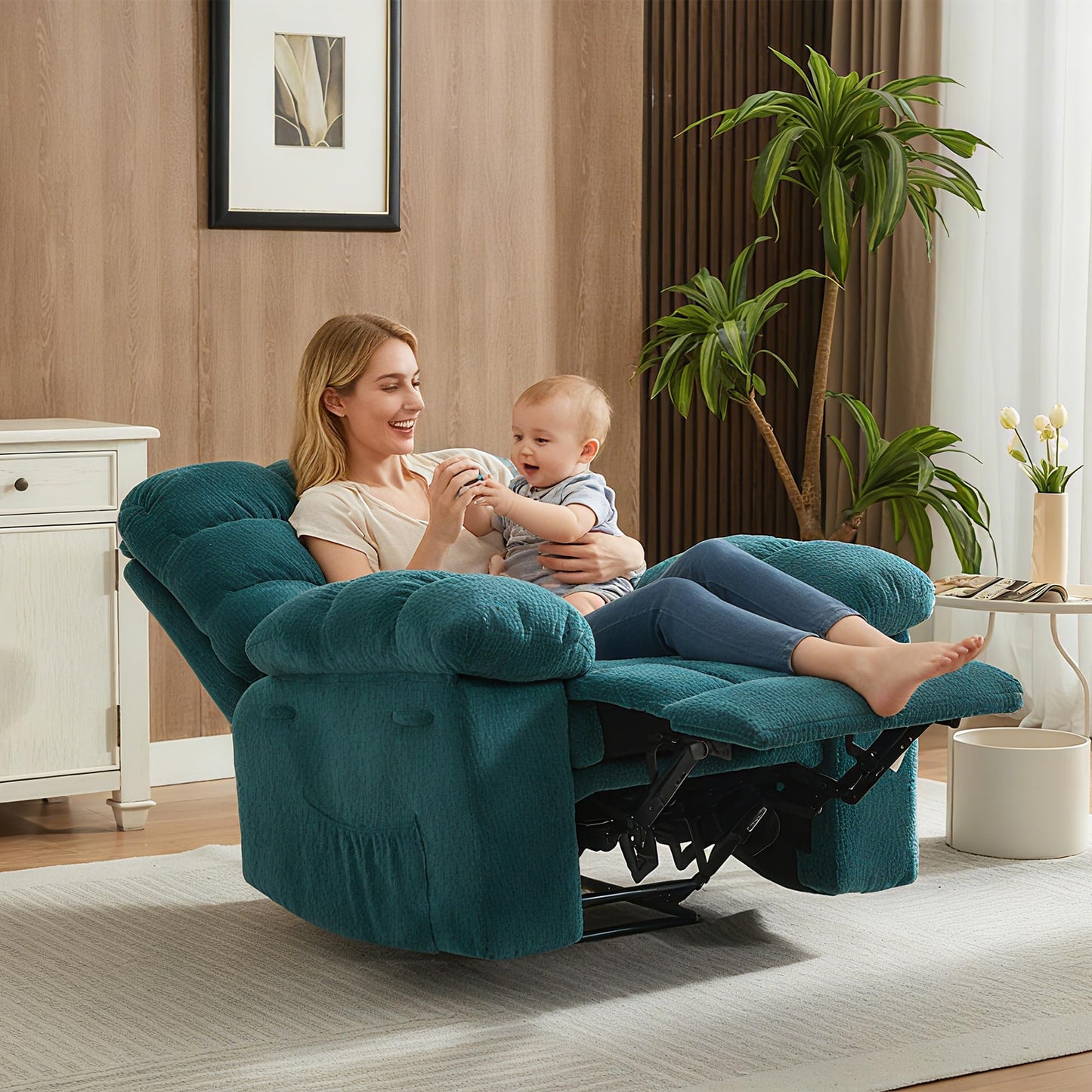 21.2'' Manual Recliner Chair,Ergonomic Overstuffed Breathable Fabric Reclining Chair with Side Pockets,Q235 Steel Frame Lazy Boy Recliner Single Sofa for Living Room Bedroom