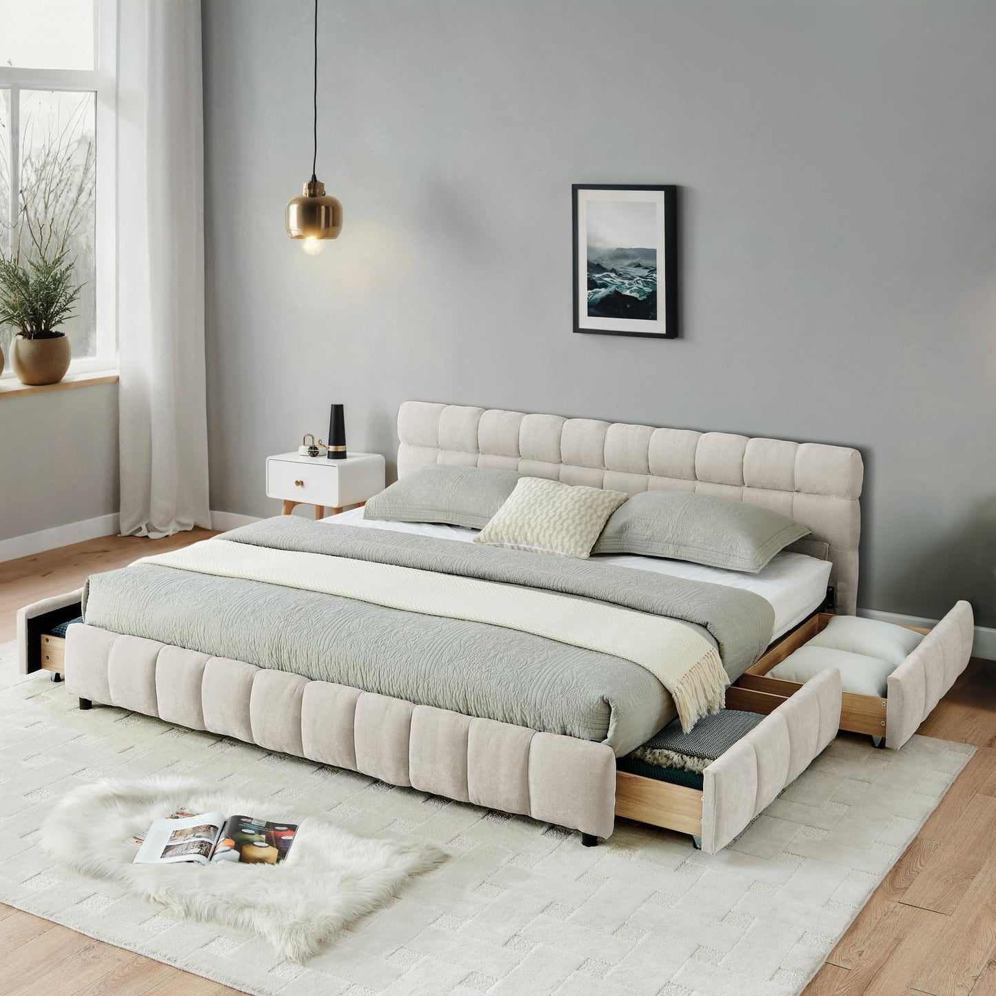 GDFStudio California King Size Upholstered Bed Frame with Thick Chenille Fabric, Modern Grounded Platform Bed with Headboard and Storage Drawers, Beige