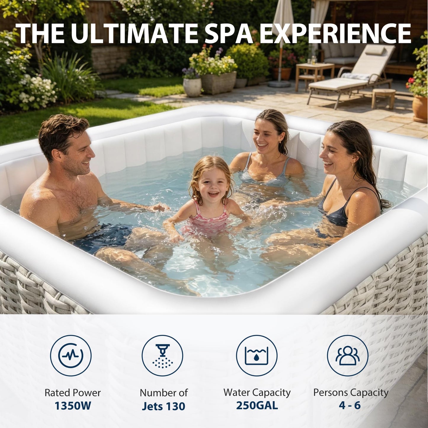 BTMWAY Inflatable Hot Tub, 4-6 Person, 73" Square Portable Outdoor Spa with External Pump, Insulated Cover and 6 Replaceable Filters,130 Soothing Bubble Jets, 110-120V