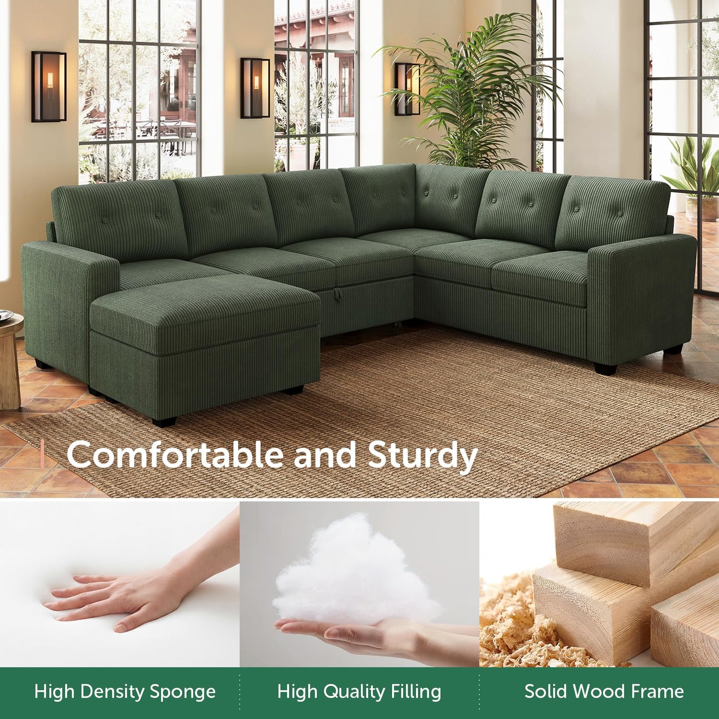 HONBAY 106.2 Inch U-Shaped Sectional Sleeper Sofa with Pull-Out Bed & Storage Ottoman, 7-Seater Sectional Sofa for Living Room, Pet-Resistant Corduroy Couch, Green