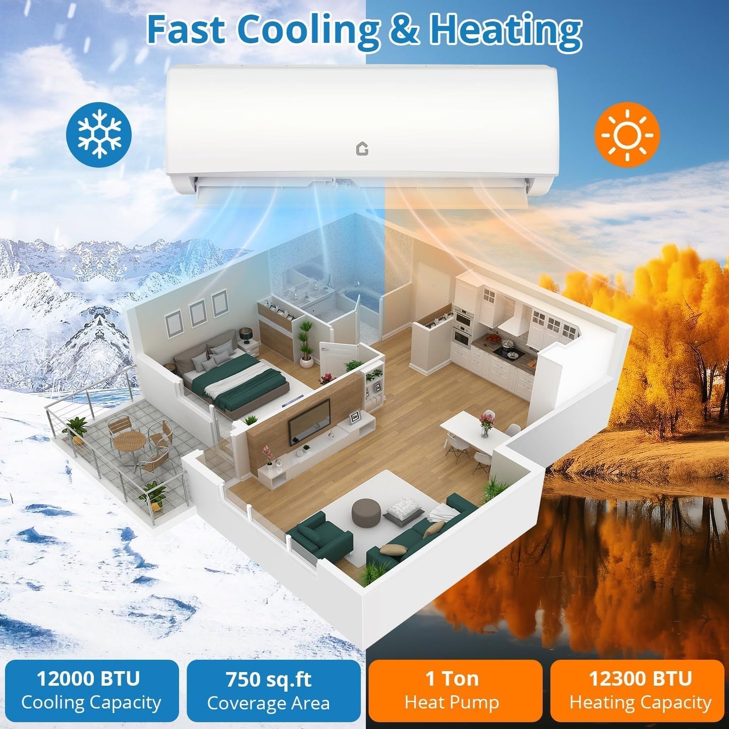 12000BTU Mini Split Air Conditioner with Heat Pump, WiFi Enabled 21 SEER2 230V Energy Efficient Ductless AC System with Remote Control & Easy Installation Kit for Rooms Up to 750 Sq.Ft