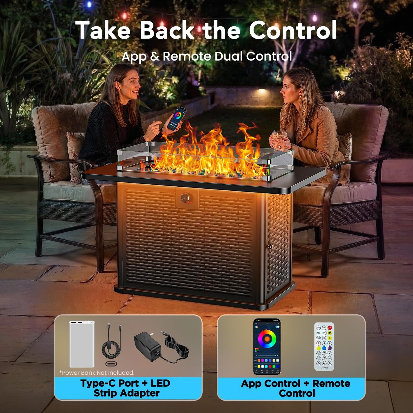 Ciays 43" Rectangular Propane Fire Pit with RGB Lighting Strip – 60,000 BTU Gas Fire Pit Table, Glass Stones, Wind Guard, Adjustable Flame, Outdoor Fire Pit for Patio & Garden, Black