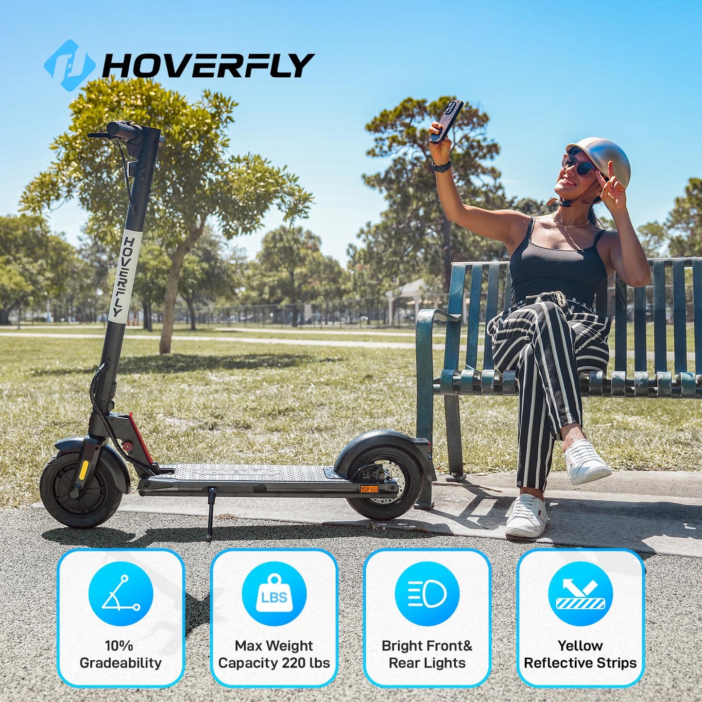Hoverfly GXL MAX Electric Scooter for Adults, Anti-Flat 10'' Tire,Max 18 Mile Range, 15.5Mph Top Speed Powered by 300W Motor,Foldable Commuting EScooter with EABS Disc Brake Big LED Digital Display