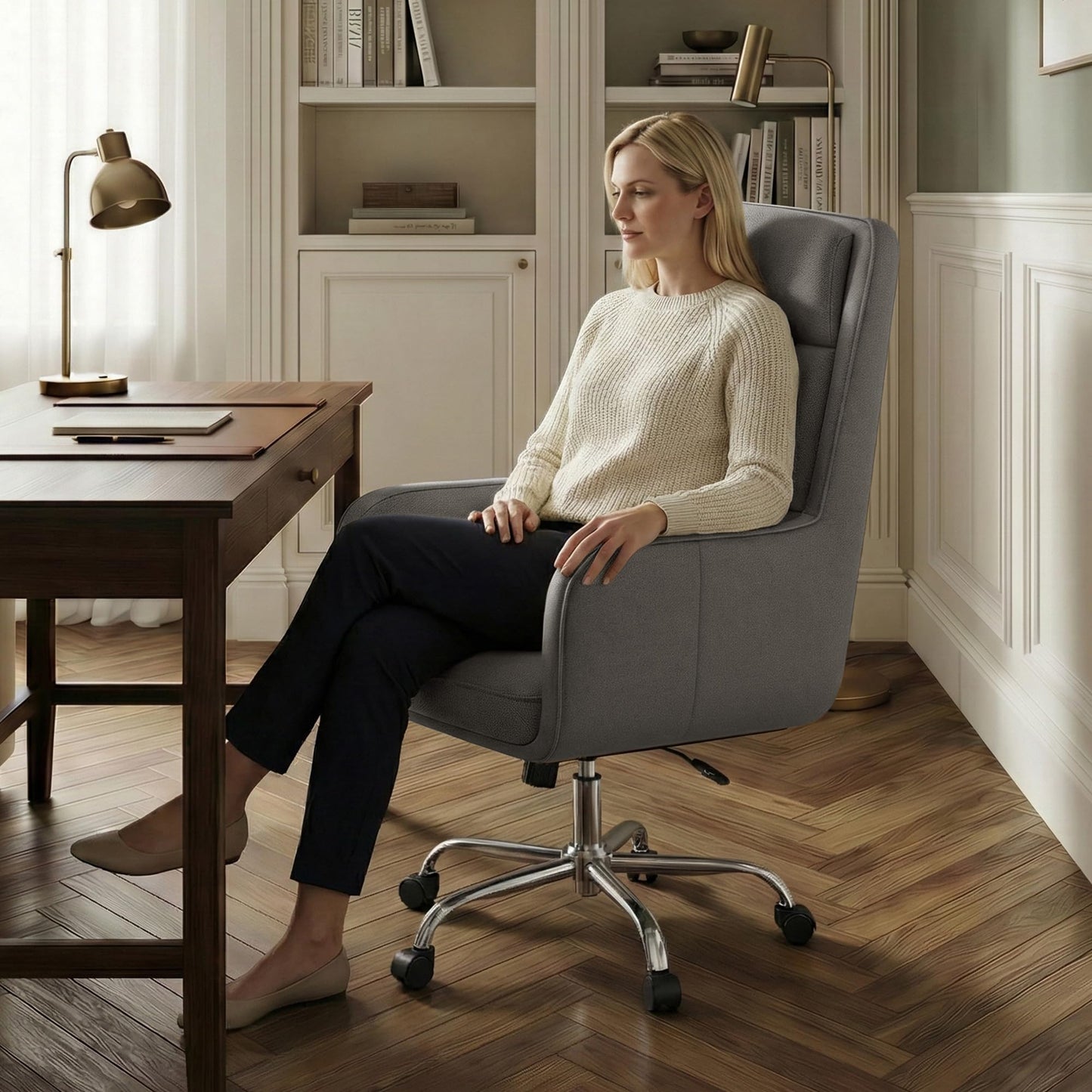 COLAMY Cocoon Modern Executive High Back Home Office Chair, Upholstered Desk Chair with Wheels, Vanity Chair with Head and Lumbar Support, Armrest (Gray)