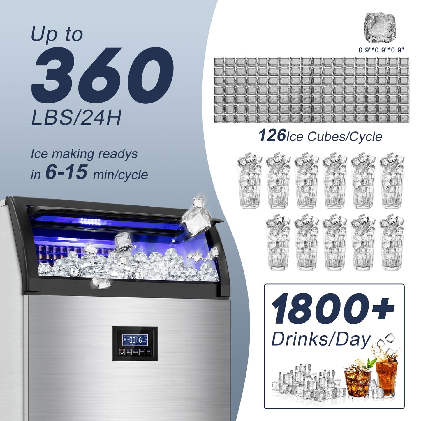 SOZT® Commercial Ice Maker Machine 360LBS/24H, Stainless Steel Under Counter Ice Machine with 80LBS Storage Bin, Self-Cleaning Freestanding Ice Cube Maker for Restaurant, Bar, Home, Office