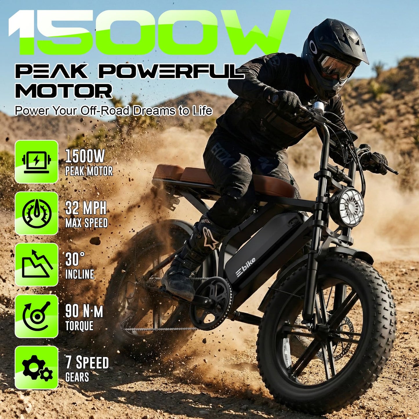 TS TST GRP LLC Electric Bike for Adults, Peak 1500W Motor Retro Ebike, Range 65Miles, 48V 15Ah Removable Battery, 20"x4" Fat Tires, Full Suspension, Off-Road E Bike for City Commuting, Midnight Black