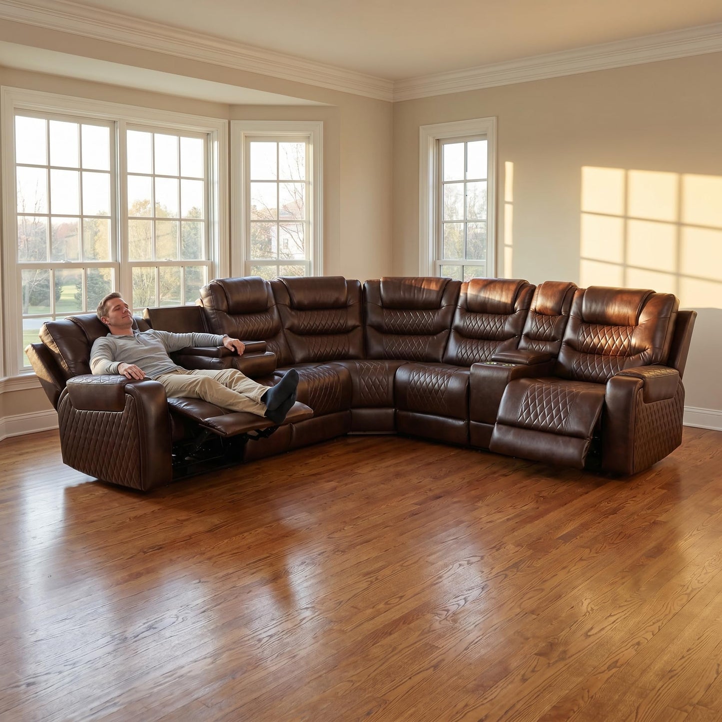 Trygoal Power Reclining Sectional Sofa Set, Modern L-Shaped Couch with Recliner, 4 Seat Power Reclining Sofa, Reclining Sectional Couches for Living Room, Home, Office, Leather, Dark Red