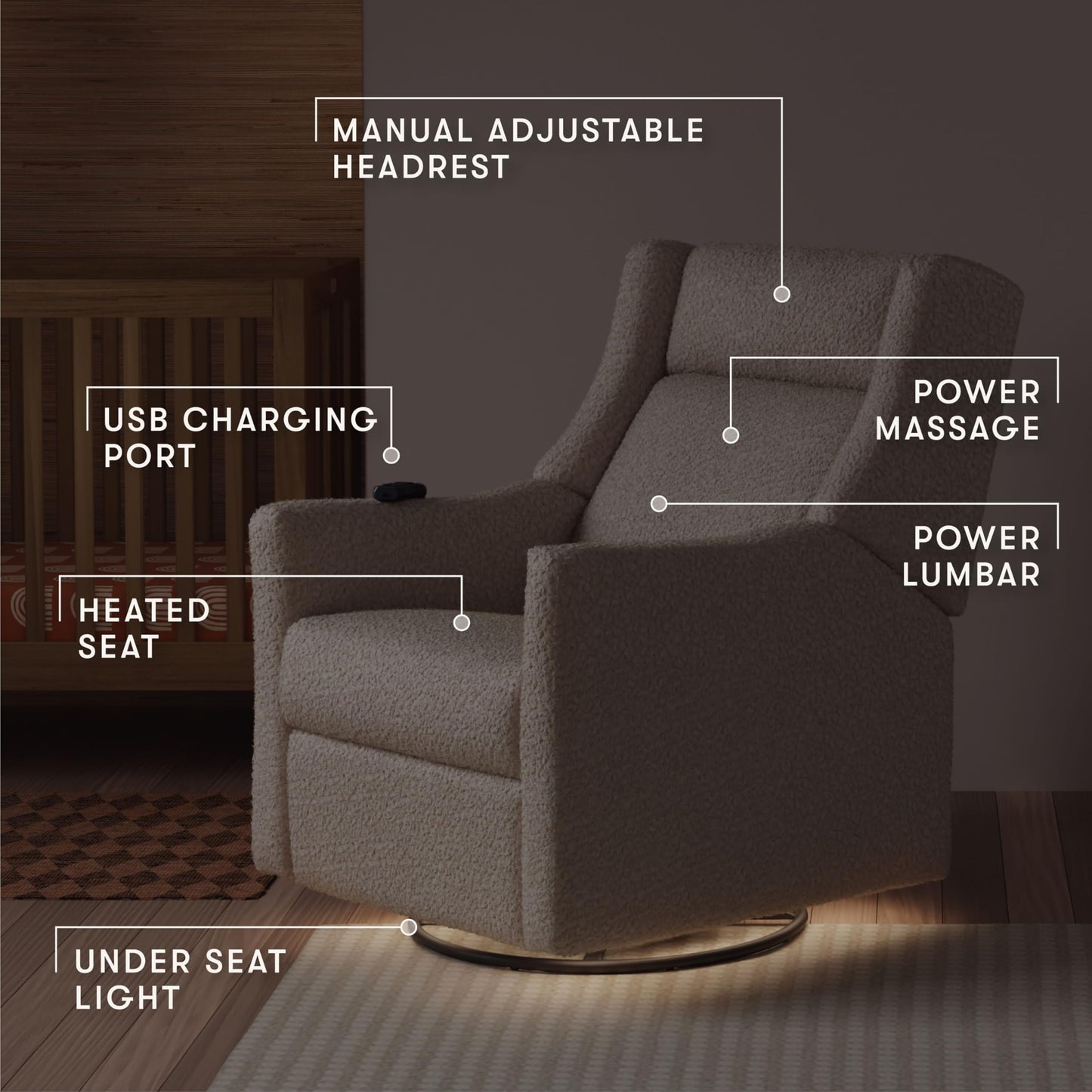 Babyletto Kiwi Deluxe Power Recliner and Swivel Glider with Heat and Massage in Almond Teddy Loop, Built-in USB Charging Port, Adjustable Headrest, Greenguard Gold, FSC and CertiPUR-US Certified