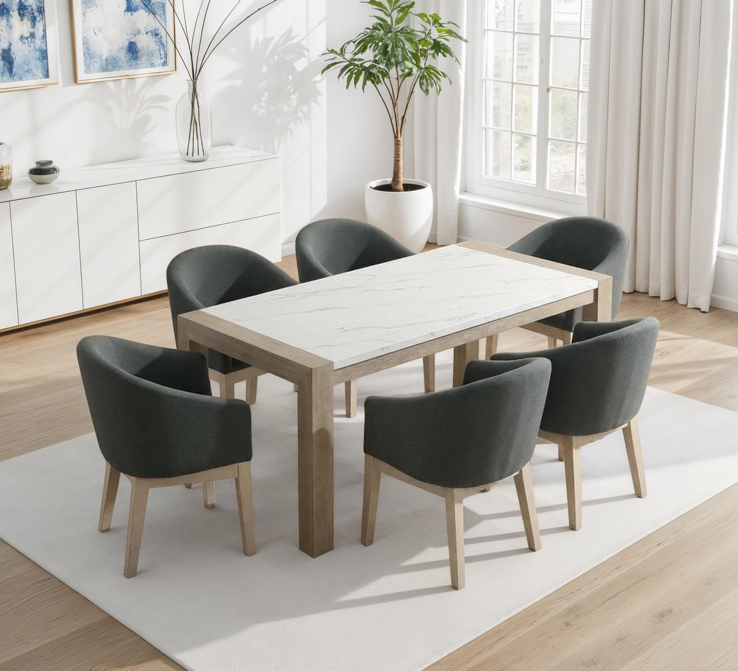 GDFStudio 66" 7-Piece Rectangular Dining Set, White Faux Marble Table with Light Oak Legs, 6 Gray Fabric Upholstered Barrel Chairs, Modern Contemporary Dining Furniture for 6