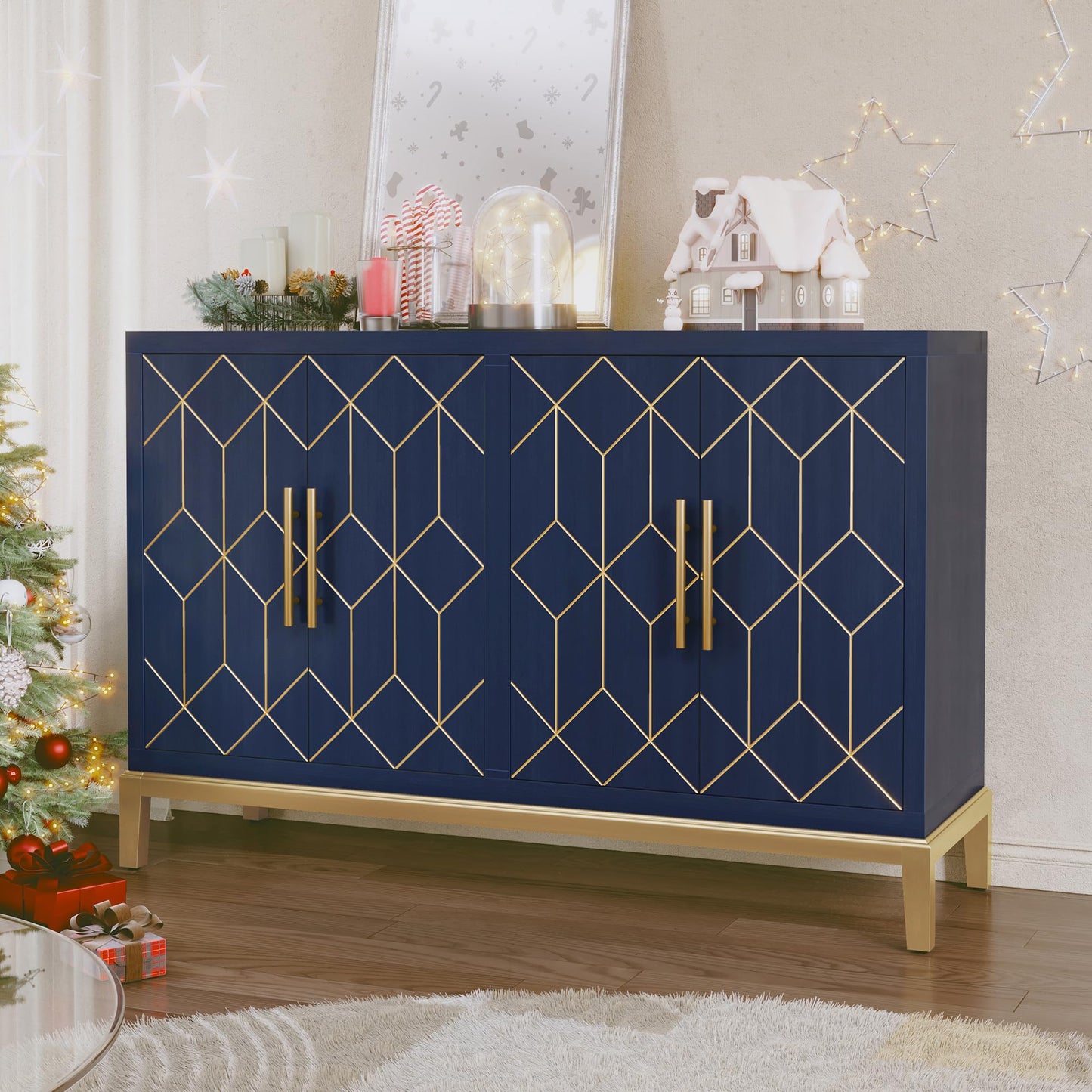 HLR 48" Accent Cabinet with 4 Doors and Shelves, Modern Credenza Storage Cabinet with Gold Trim, Sideboard Buffet for Living Room, Kitchen, Dining Room, Hallway, Blue