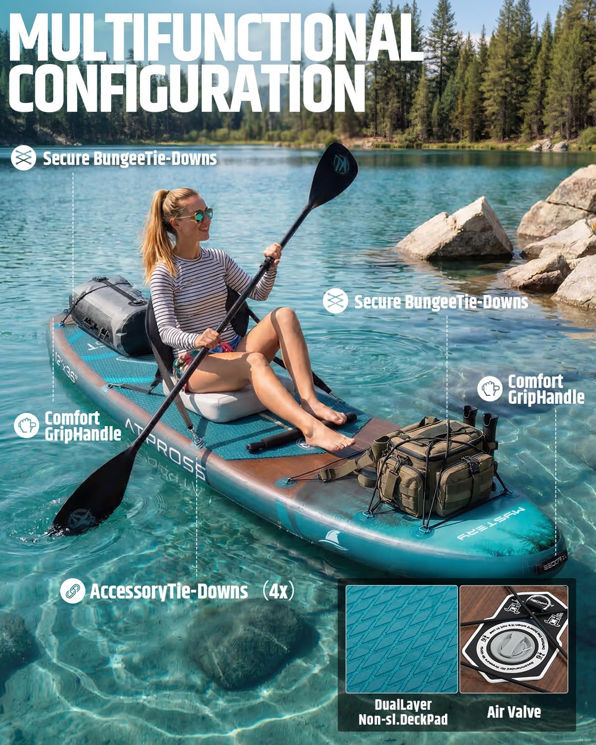 12'x36 Inflatable Paddle Board, 500lbs Extra Wide Stand Up Paddleboard for Adults with Blow Up Kayak Non-Slip Stable Deck Boat, Premium SUP Accessories Kit & Backpack, Tailored 5 Fins