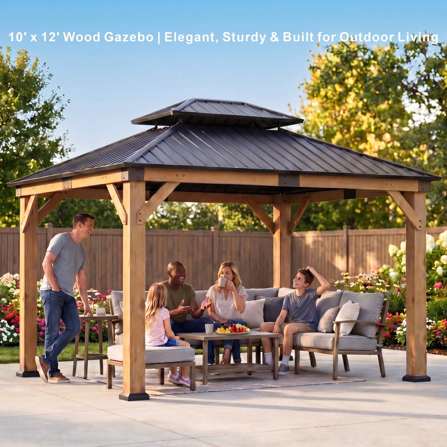 Wood Gazebo 10' x 12', Permanent Pavilion with Hardtop Galvanized Steel Double Roof, Cedar Gazebo with 4.72" Thickened Wooden Posts for Poolside, Patio, Backyard, Garden and Deck