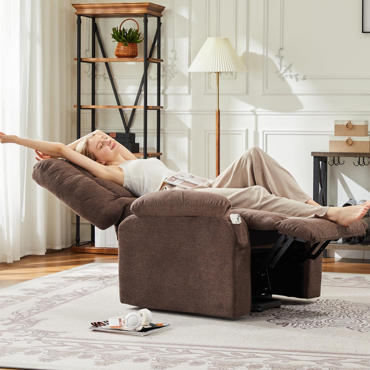 Power Lift Recliner Chair for Adult with Heated and Full Body Massage, Glider Nursery Chair with Cup Holder and USB Charge Port, Oversided Swivel Rocker Recliner for Living/Study/Bedroom Room, Brown