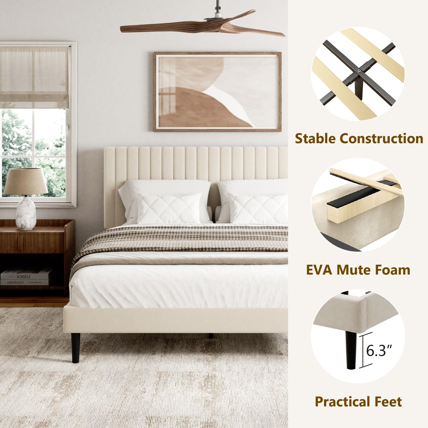 Sismplly Queen Size Bed Frame with Velvet Upholstered Headboard, Platform Bed with Strong Wood Slats, Mattress Foundation, Box Spring Optional, Easy Assembly, Beige