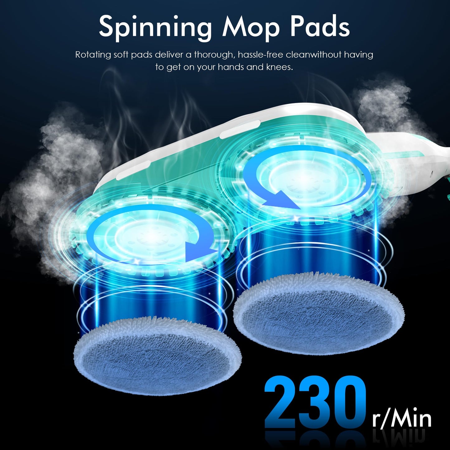Angtra Scrubbing Steam Mop with Rotating Mop Pads, All-in-One Hard Floor Cleaner with LED Headlights, Steam & Spin Control, 6 Soft Scrub Pads, Swivel Steering, FS07
