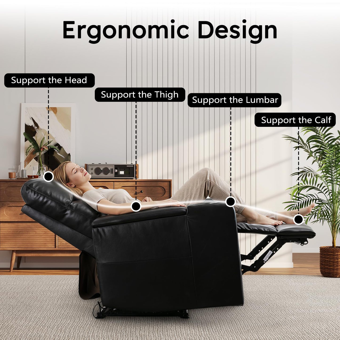 ANJ Home Theater Seating Power Recliner with Hidden Arm Storage, Sigle Faux Leather Recliners with Tray Table, Electric Movie Reclining Chairs with USB Ports & Cup Holders for Media Room, Black
