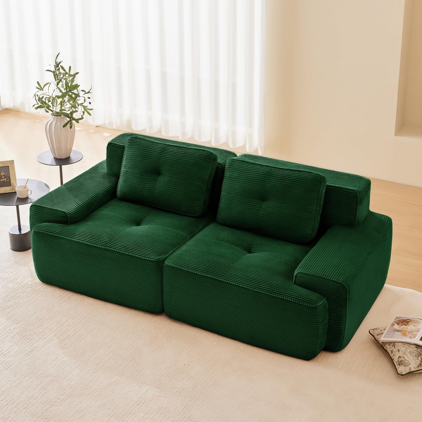 KEIKI 80" Oversized Corduroy Modular Sectional Loveseat Sofa with High-Density Foam Cushion & 2 Pillow, Upholstered Anti-slip Design 2-Seater Tufted Couch, No Assembly Required, for Living Room, Green
