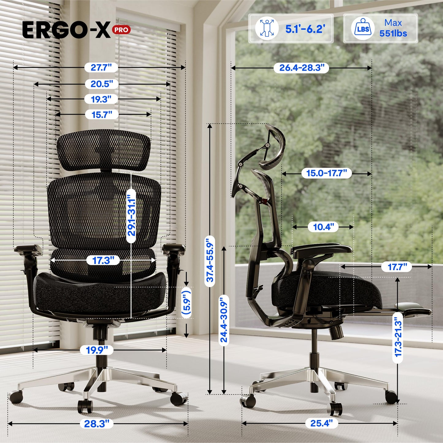 FLEXISPOT ErgoX-PRO Ergonomic Office Chair with Footrest Black – Cloudtech Cushion, 5D Lumbar, 7D Armrests, 4D Headrest, 551LBS Capacity – Office, Gaming, Home