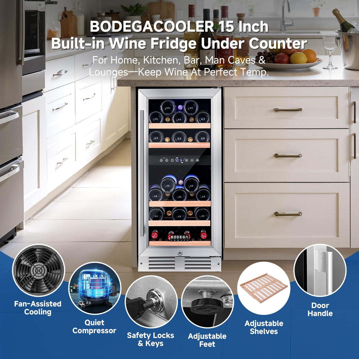 BODEGA 15 Inch Wine Fridge, 30 Bottle Dual Zone Wine Cooler, 41-72℉ Compressor Wine Refrigerator with Tempered Glass Door, Built-in or Freestanding Wine Cooler for Home Kitchen Bar (3.2 cu.ft).