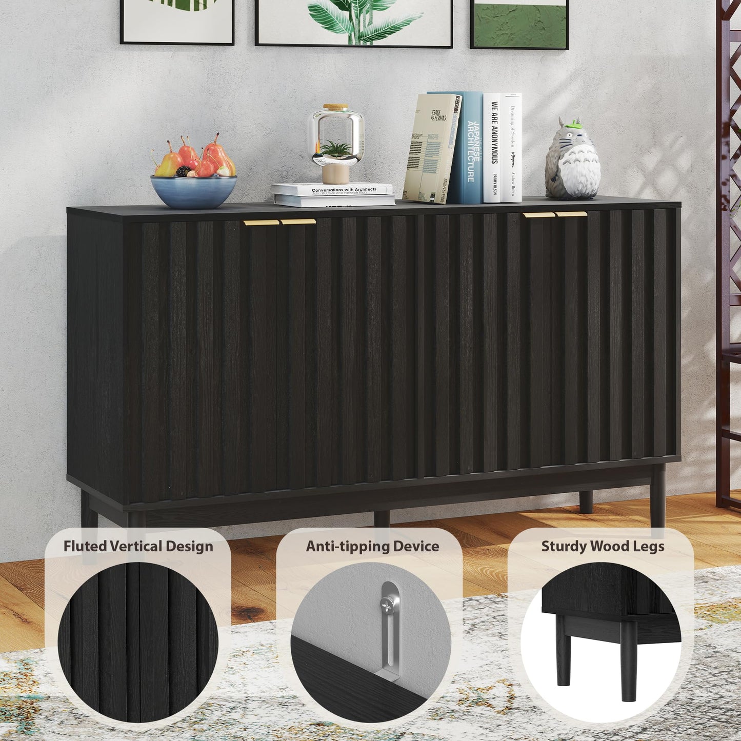 Otterease Fluted Cabinet with Storage, Small Buffet Cabinet Sideboard with Door, Kitchen Buffet Storage Accent Cabinets with Adjustable Shelves for Living Room, Entry, Hallway,Black