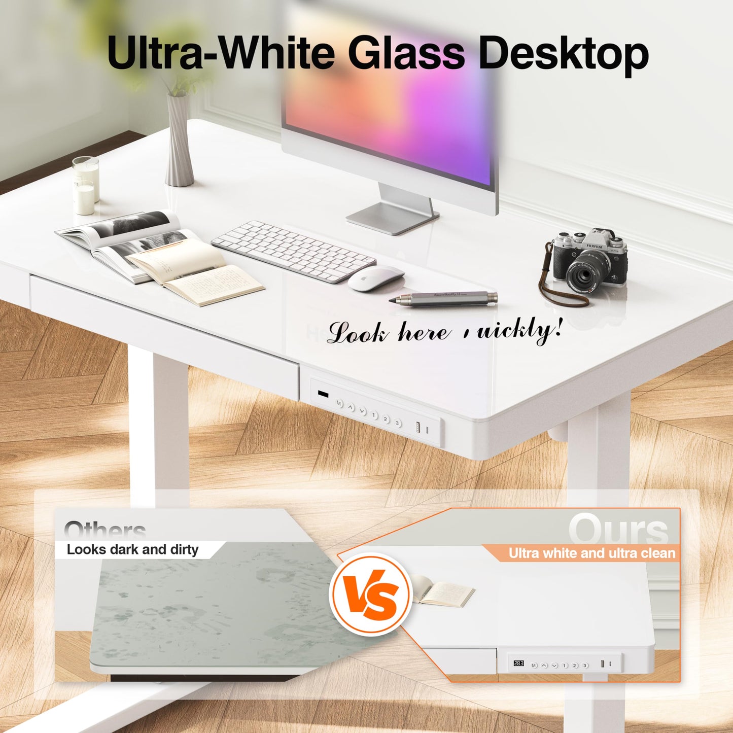 Monomi 35" Glass Standing Desk with Drawer and USB Ports, Electric Height Adjustable Desk for Home Office, White Sit Stand Table with Storage, Easy Assembly Computer Desk for Small Spaces