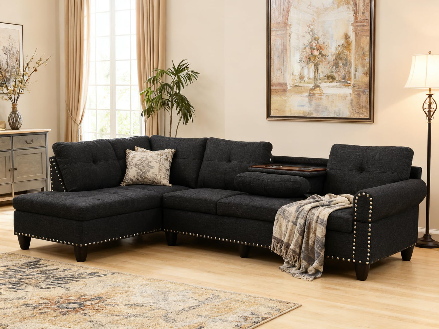 Trygoal Modern L-Shaped Sectional Sofa with Cup Holder, 4-Seater Fabric Couch with Chaise Lounge, for Living Room, Apartment, Studio, Easy Assembly, Black