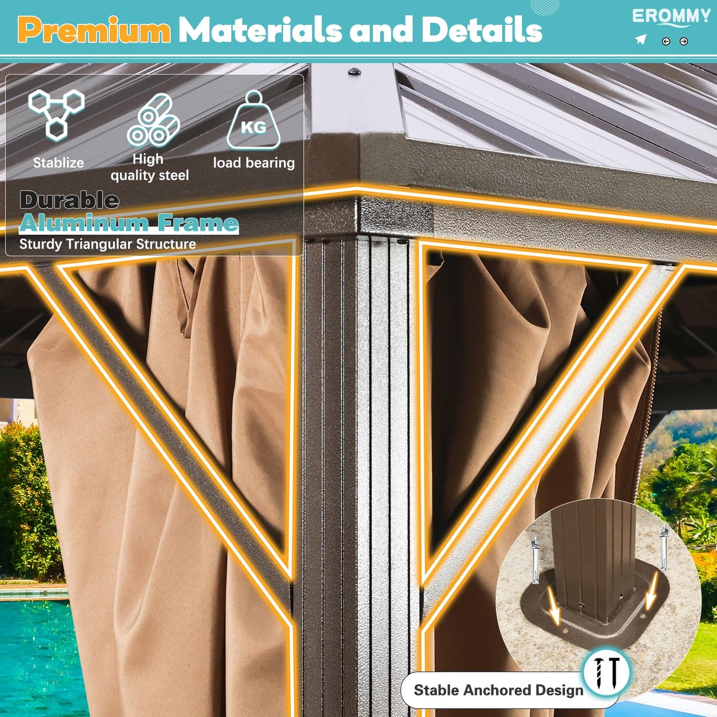 EROMMY 10' x 12' Hardtop Gazebo, Aluminum Frame Gazebos with Galvanized Steel Double Roof, Permanent Outdoor Metal Pavilion with Curtain and Netting for Patio, Lawn, Deck