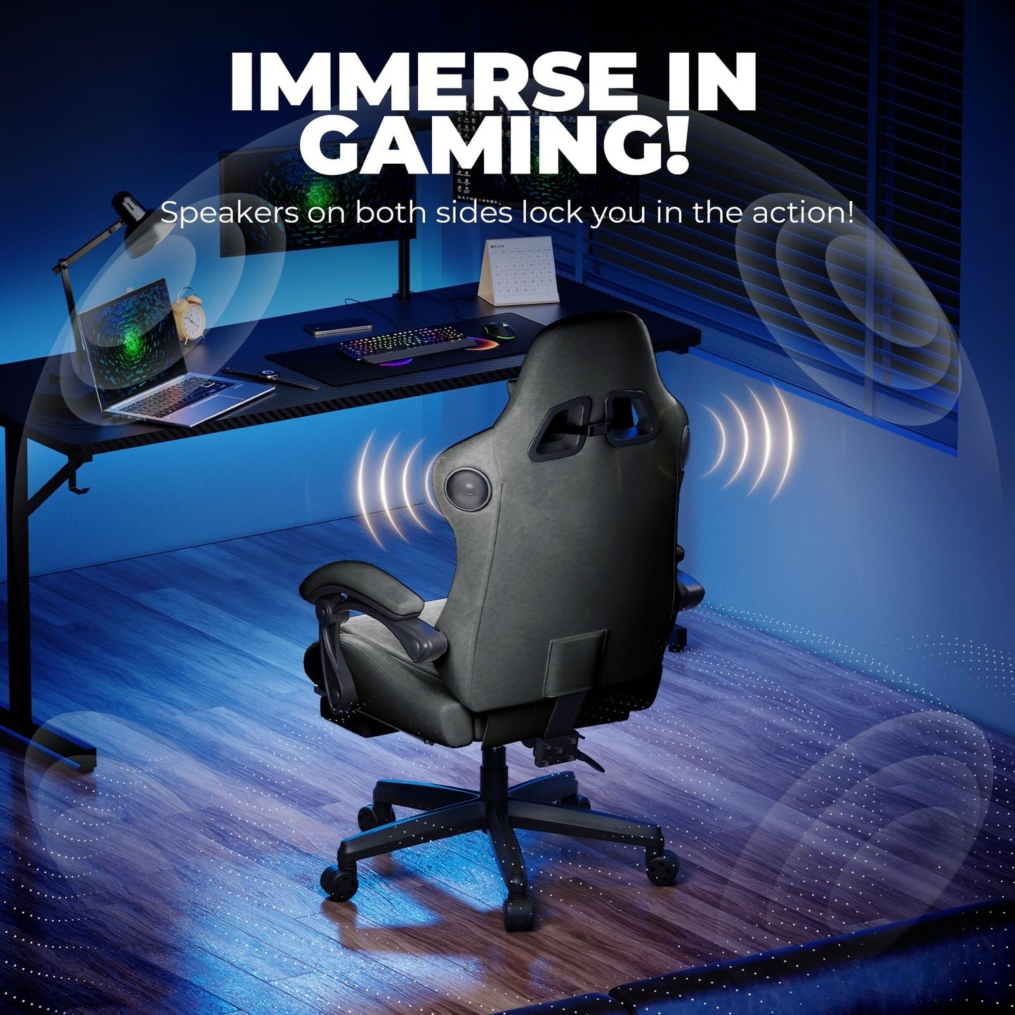GTPLAYER ACE-PRO Music Gaming Chairs – Built-in Speakers, App Support & Bluetooth Control, Computer Game Chairs with Footrest for Adults, Ergonomic Reclining Silla, Linkage Armrest, Grey