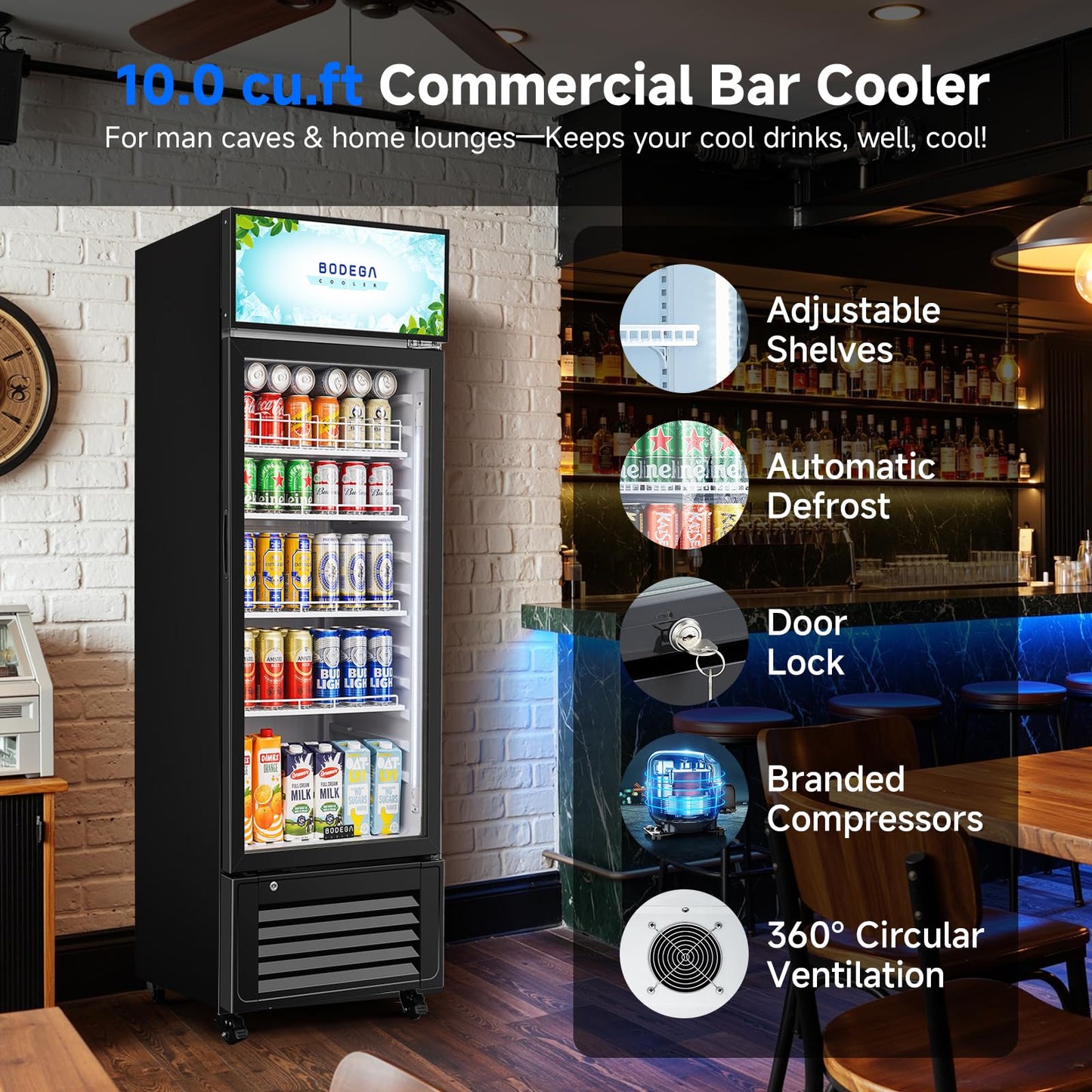 BODEGACOOLER Beverage Refrigerator and Cooler, 10.0 Cu.Ft. Commercial Refrigerator For Home & Kitchen, Office and Garage, Display Refrigerator with Adjustable Shelves and LED Light For Beer, Soda.