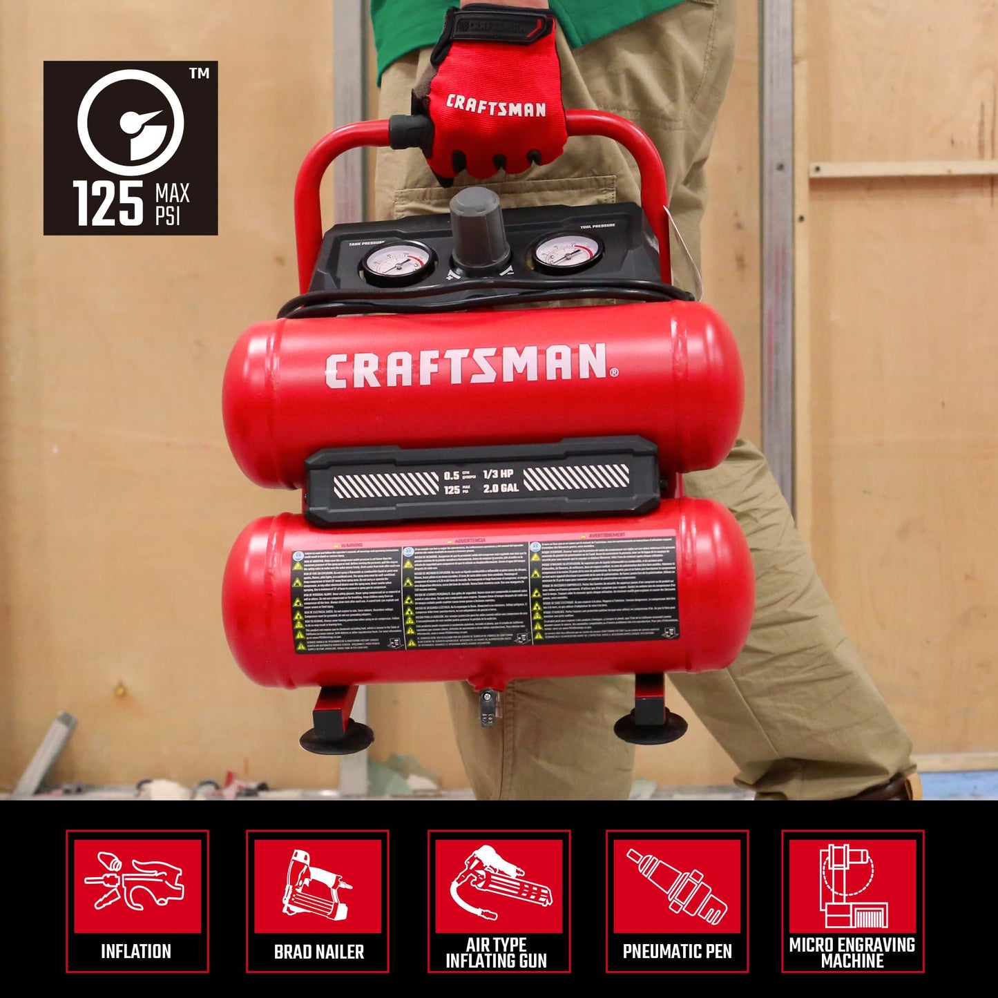 Craftsman 2-Gallon Air Compressor, 1/3 HP Oil-Free Twin Tank, 125 PSI Max – Portable & Quiet Air Tool for Home DIY, Tire Inflation, Nailing & Spray Painting, Compact for Easy Storage