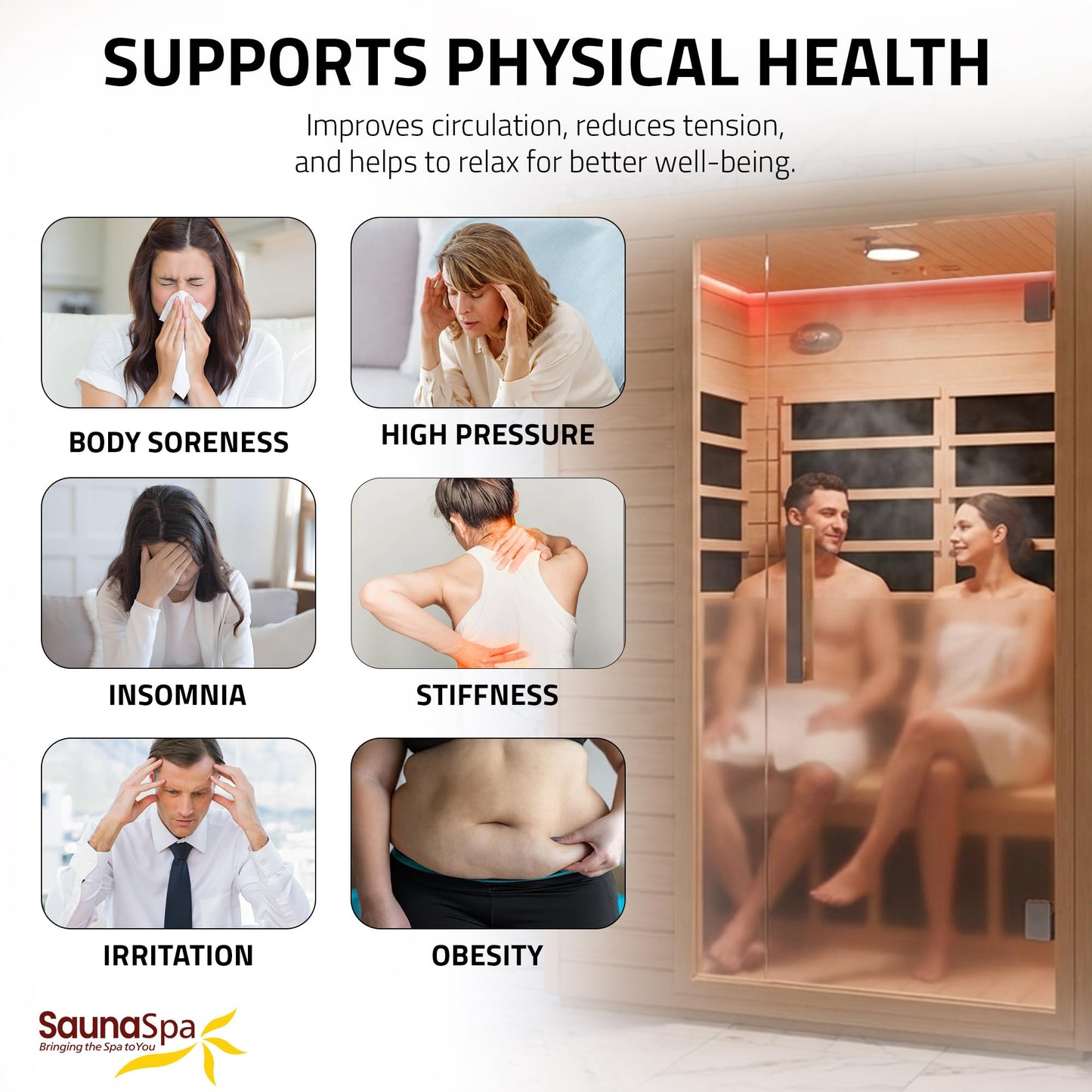 SaunaSpa Indoor 2-Person Infrared Cabin Sauna | Canadian Hemlock Wood Sauna with Low EMF Infrared Heating Panels, Tempered Glass Door, Chromotherapy Lighting, and Touch Control Panel with Bluetooth