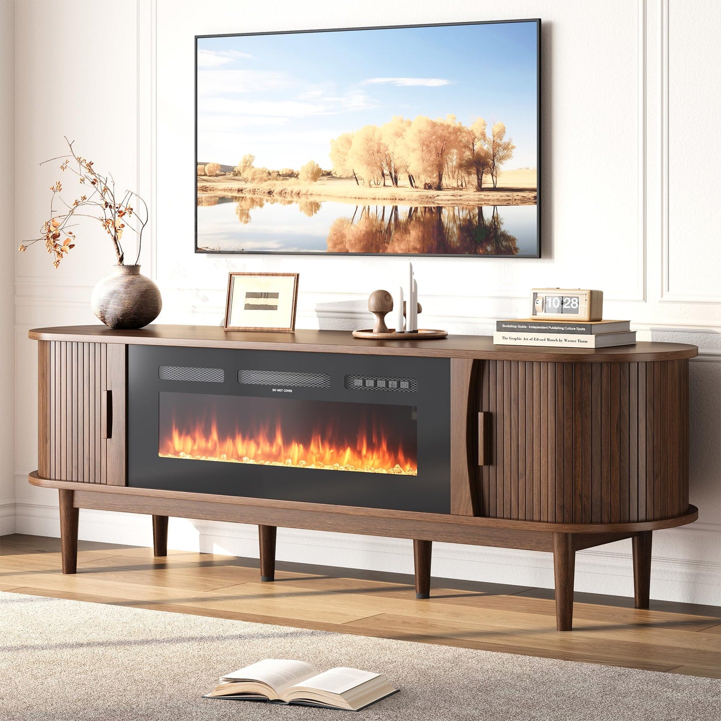 Decofy 70'' Fluted Fireplace TV Stand for 80'' TVs, Entertainment Center with Adjustable Shelves, TV Stand with 36" Electric Fireplace for Living Room, Walnut