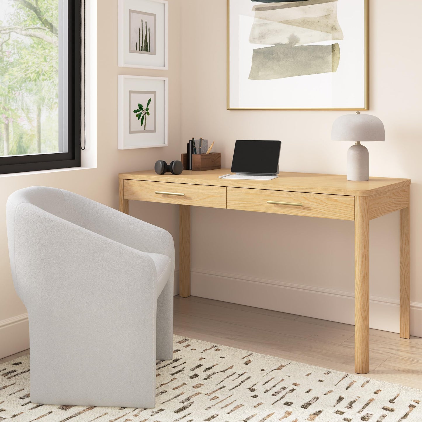 Bush Home Vera 54W Writing Desk with Upholstered Barrel Office Chair, Home Office Furniture, Vera Collection, Natural White Oak and Light Cream Fabric