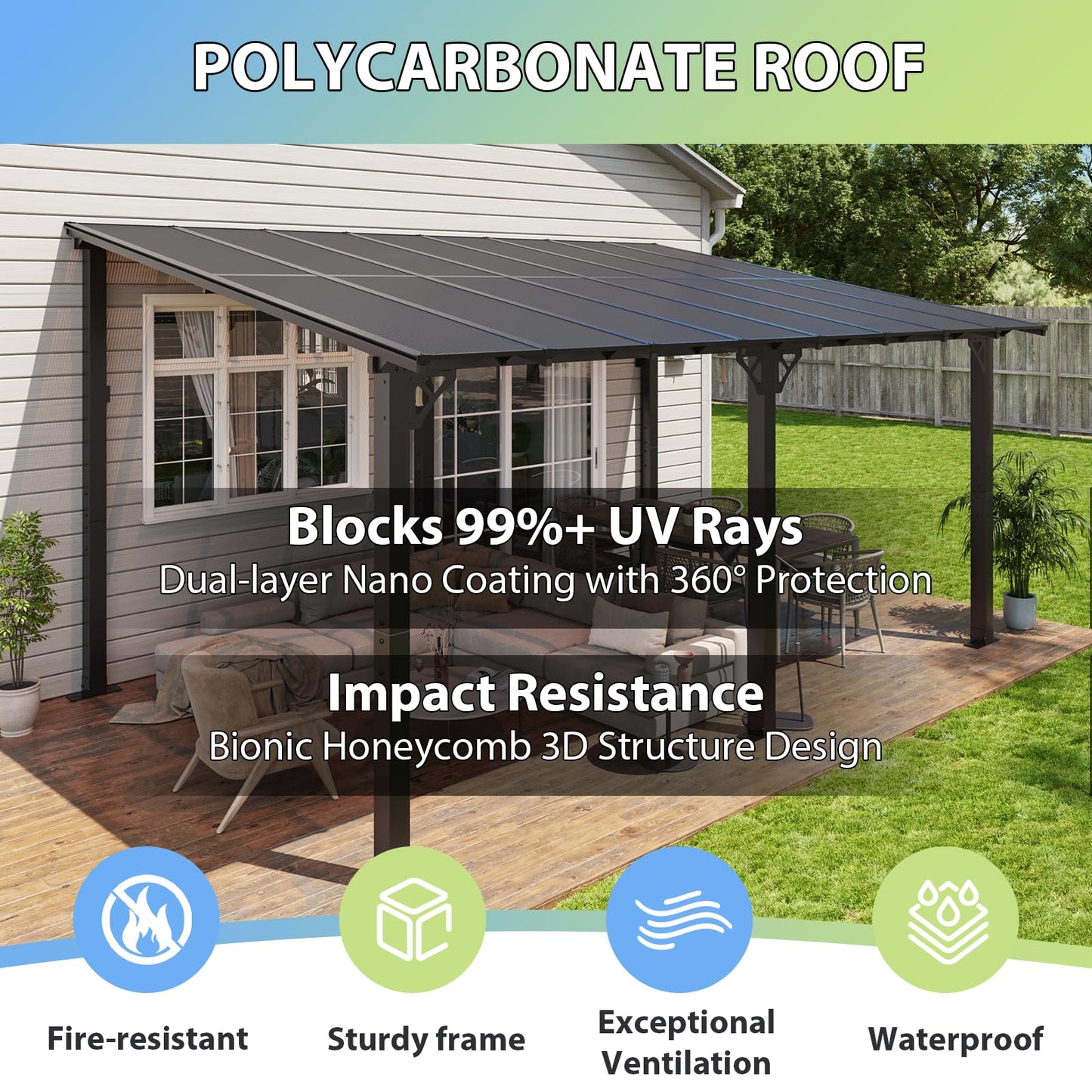 Aoxun 16'x 10' Premium Gazebo with Aluminum Top Frame & Polycarbonate Panel, Wall Mounted Gazebos Pergola, Outdoor Patio Lean to Gazebo, Awnings with Sloped Roof, for Backyard, Porch, Deck