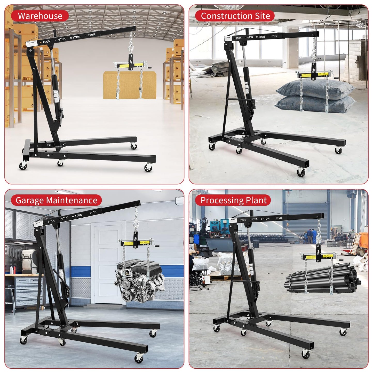 2 Ton Folding Hydraulic Engine Hoist with Load Leveler 4400 LBS Capacity Heavy Duty Cherry Picker 6 Swivel Wheels&Hydraulic Pump Adjustable Boom (0.5T-2T) for Garage Workshop Warehouse
