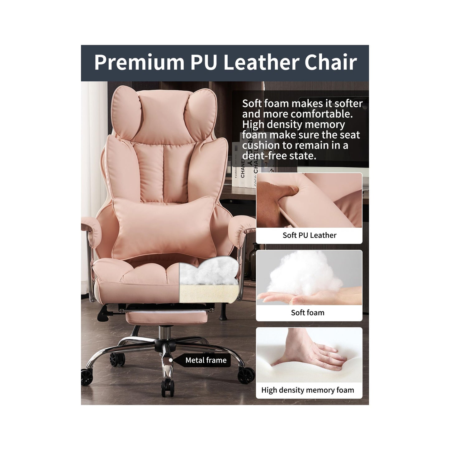 Efomao Big and Tall Office Chair 400LBS - Pink Heavy Duty Executive Office Chair with Footrest, Ergonomic Home Office Desk Chair, Wide Computer Chair for Heavy People