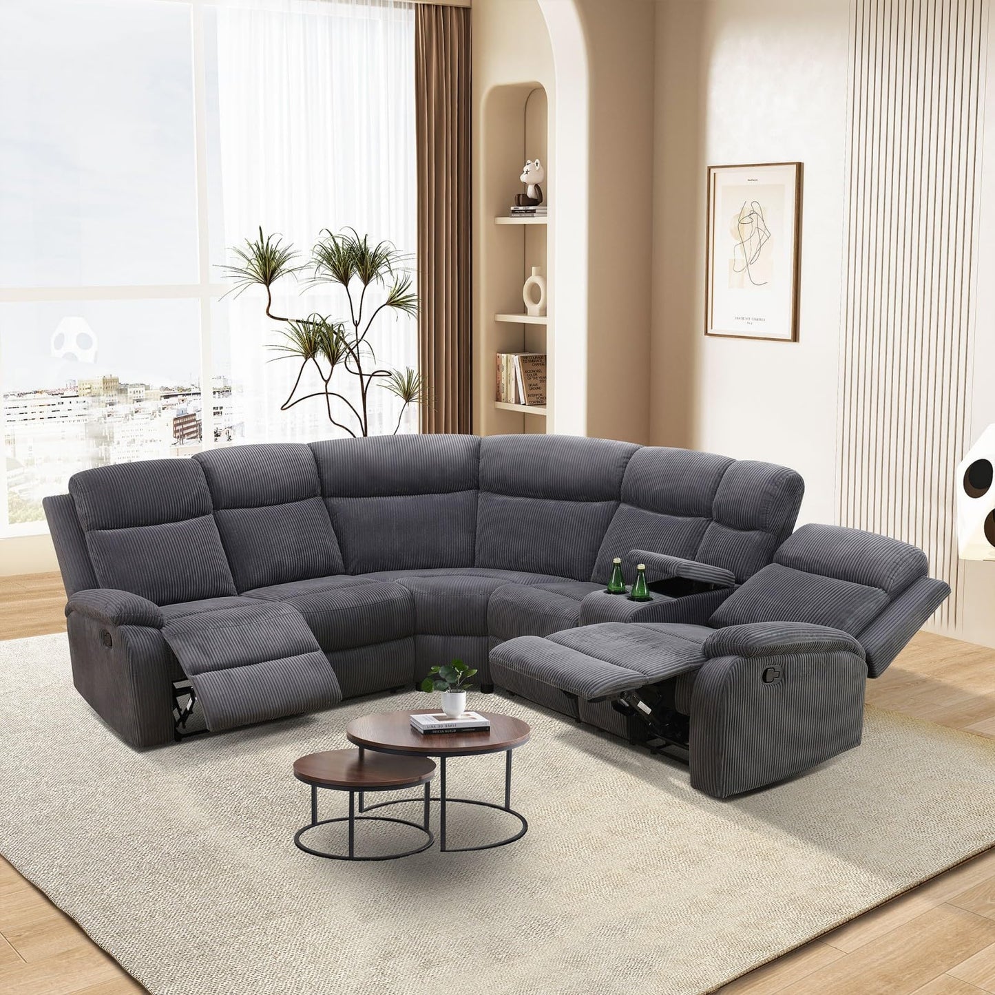 UOCFYK Recliner Sectional Sofa Set, L-Shaped Reclining Couch with 2 Recliner Seats, Reclining Corner Couches with Cup Holder and Storage Console for Home Theater & Living Room, Grey