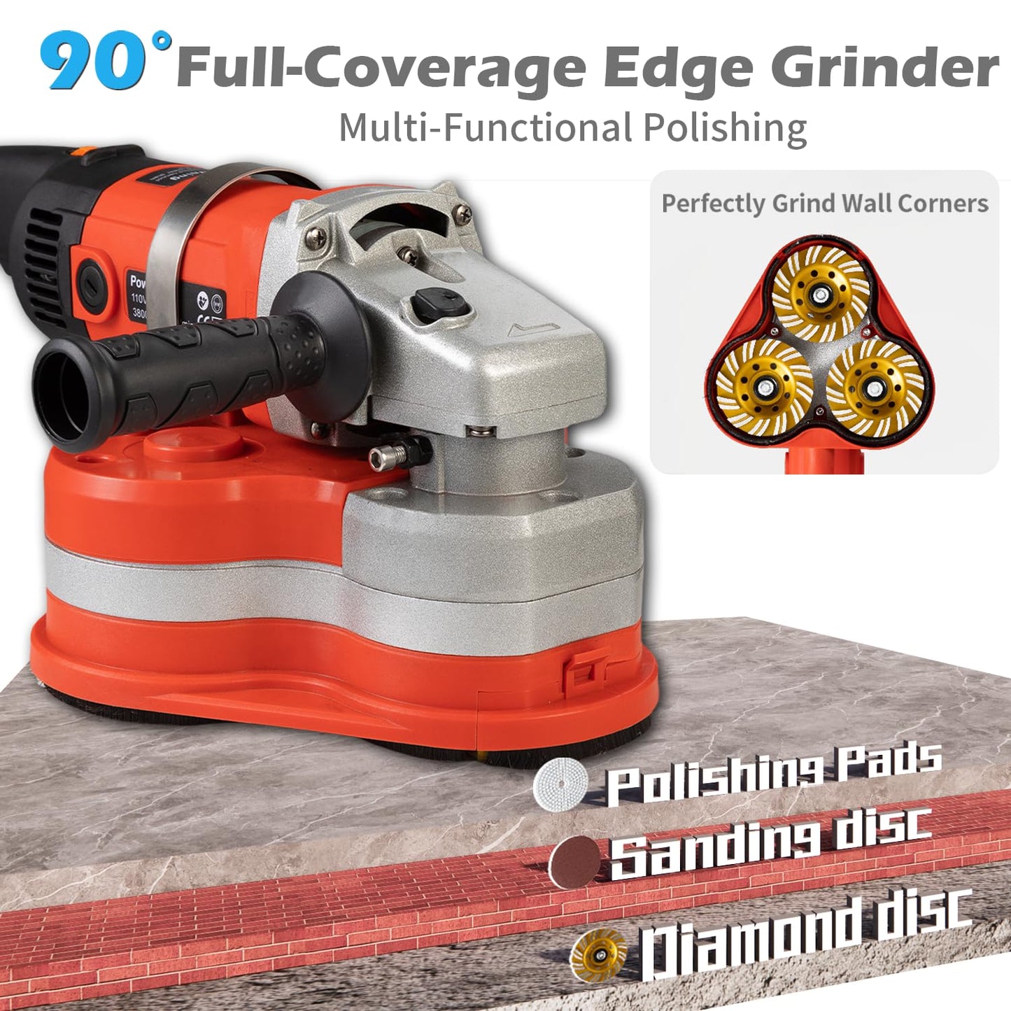 Electric Diamond Polisher Machine+Telescopic Rod 3800W 6 Speed Gears Triple Head Concrete Diamond Grinder for Metal,Stone,Cement Brick Surface Grinding,Epoxy Resin Removal Rock Granite