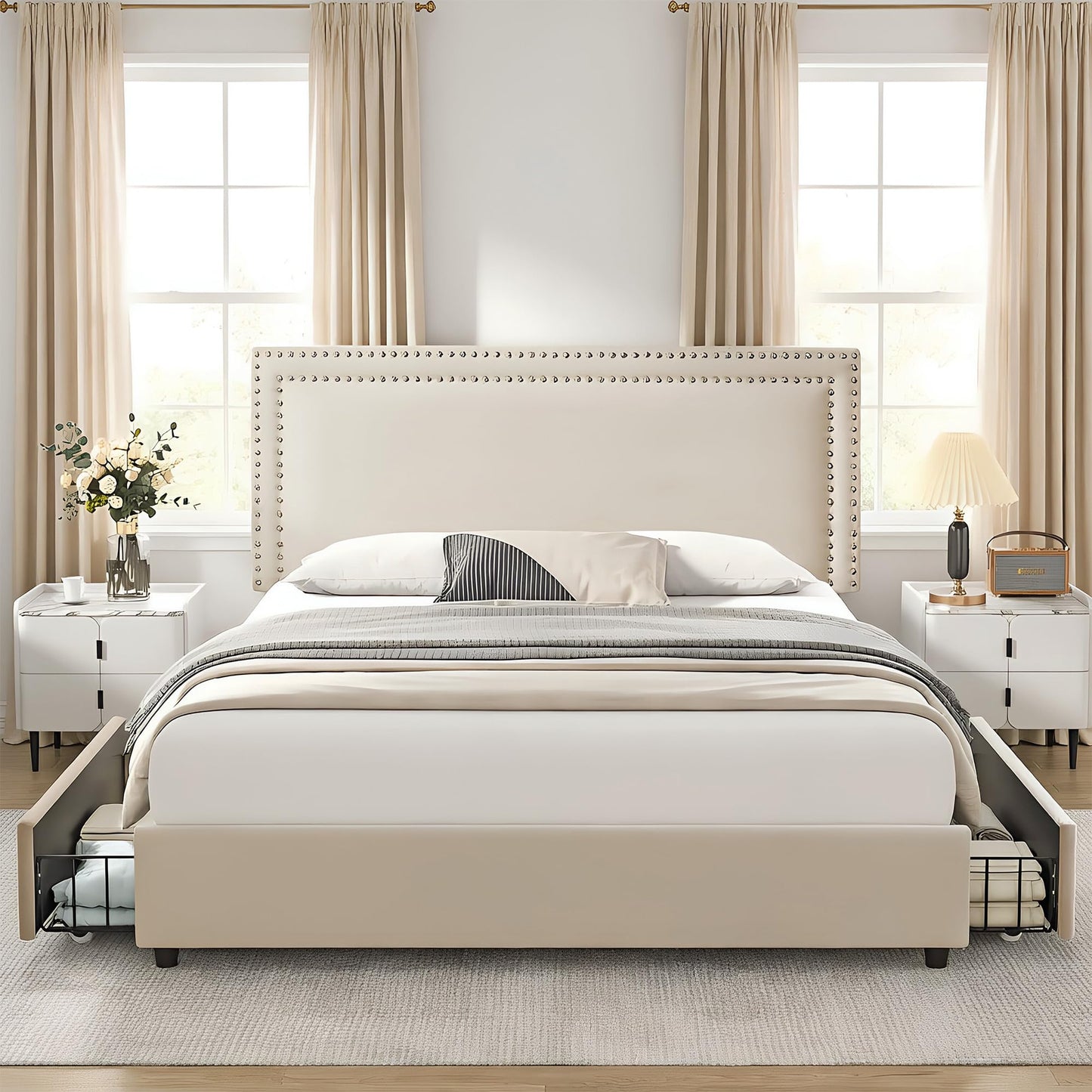 VECELO Full Size Upholstered Bed Frame with 4 Storage Drawers, Adjustable Velvet Rivet Decor Headboard, Wooden Slats Platform Support, No Box Spring Needed, Easy Assembly,Beige