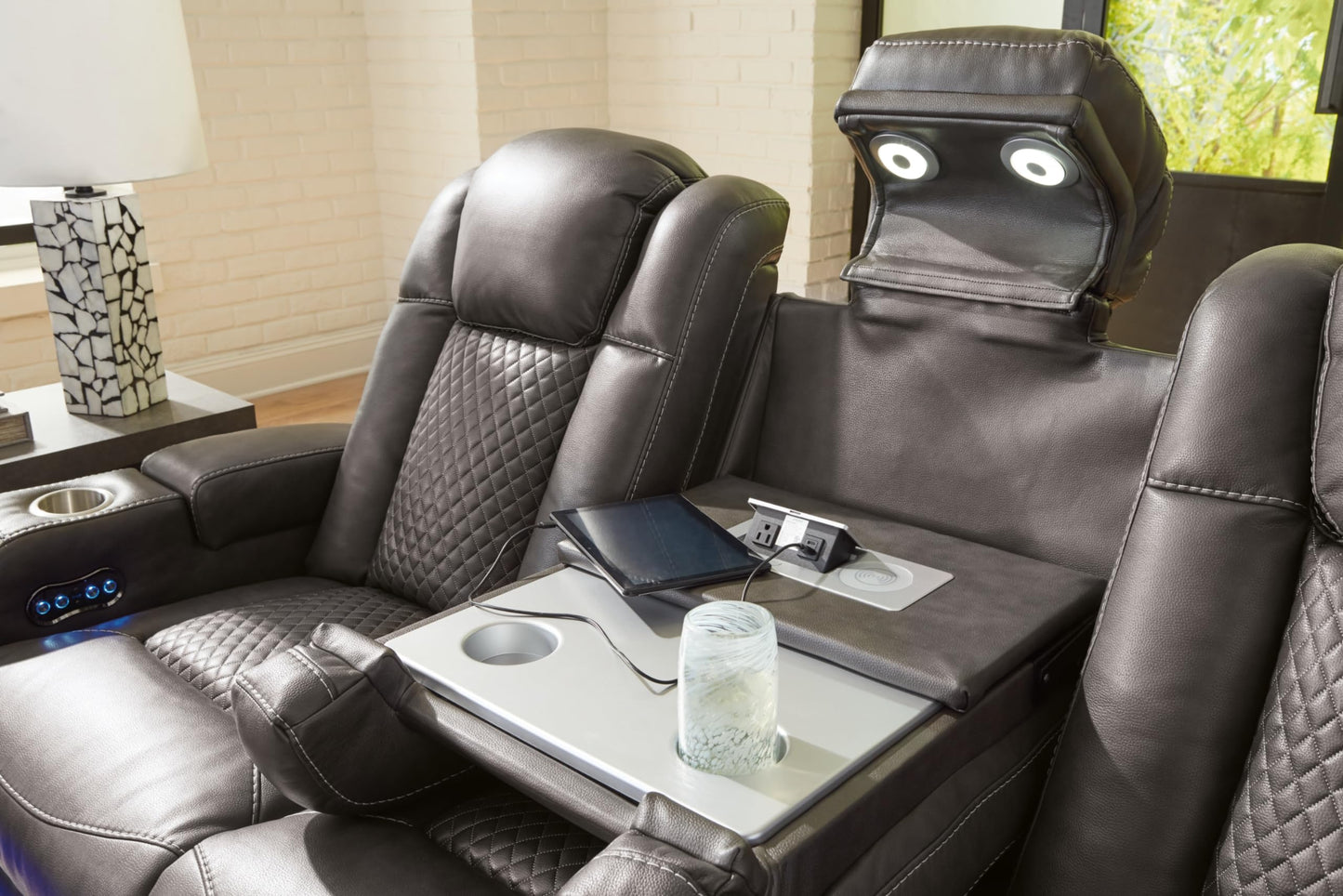 Signature Design by Ashley Fyne-Dyme Contemporary Power Reclining Sofa with USB Charging Ports and Adjustable Headrest, Brown