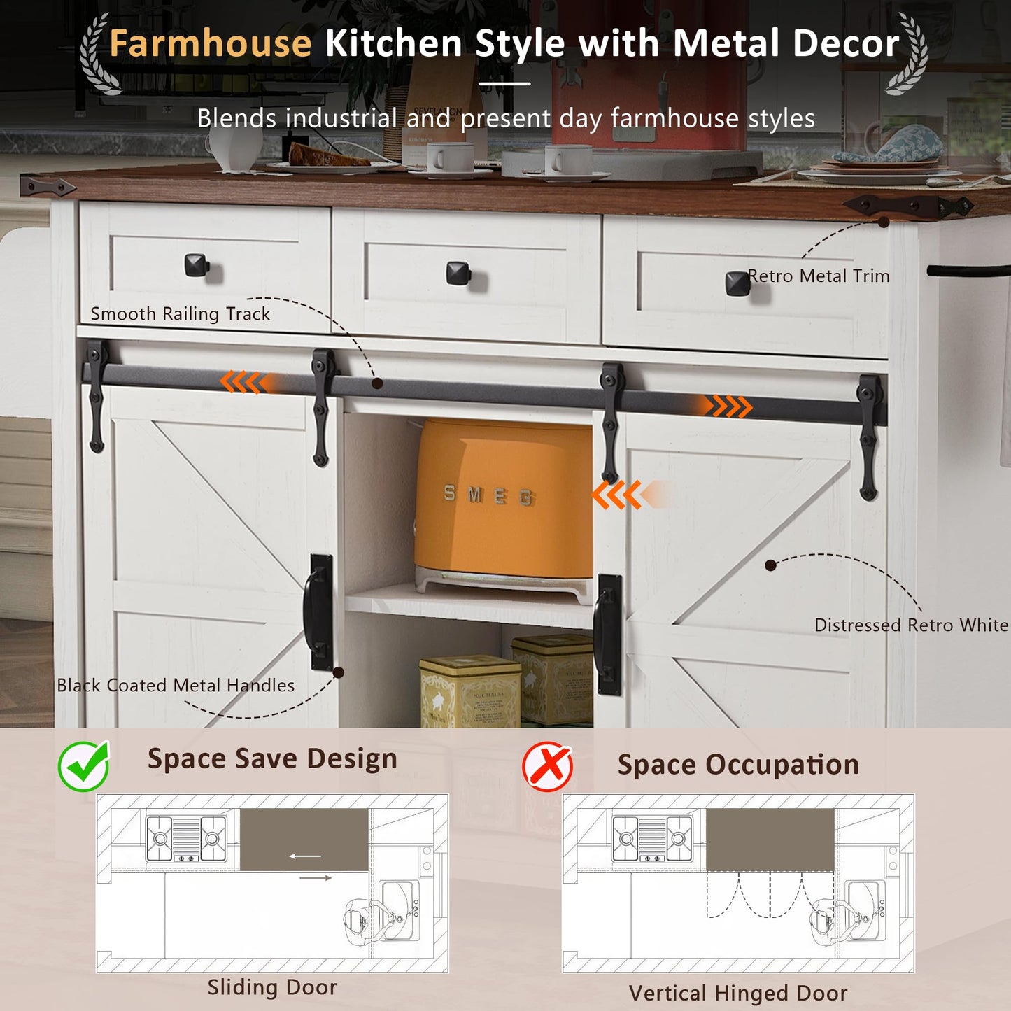 Merax 53.7" Kitchen Cart Island on Wheels with Power Outlet,Drop Leaf and 2 Sliding Barn Door,Farmhouse Style Storage Cabinet for Dining Room