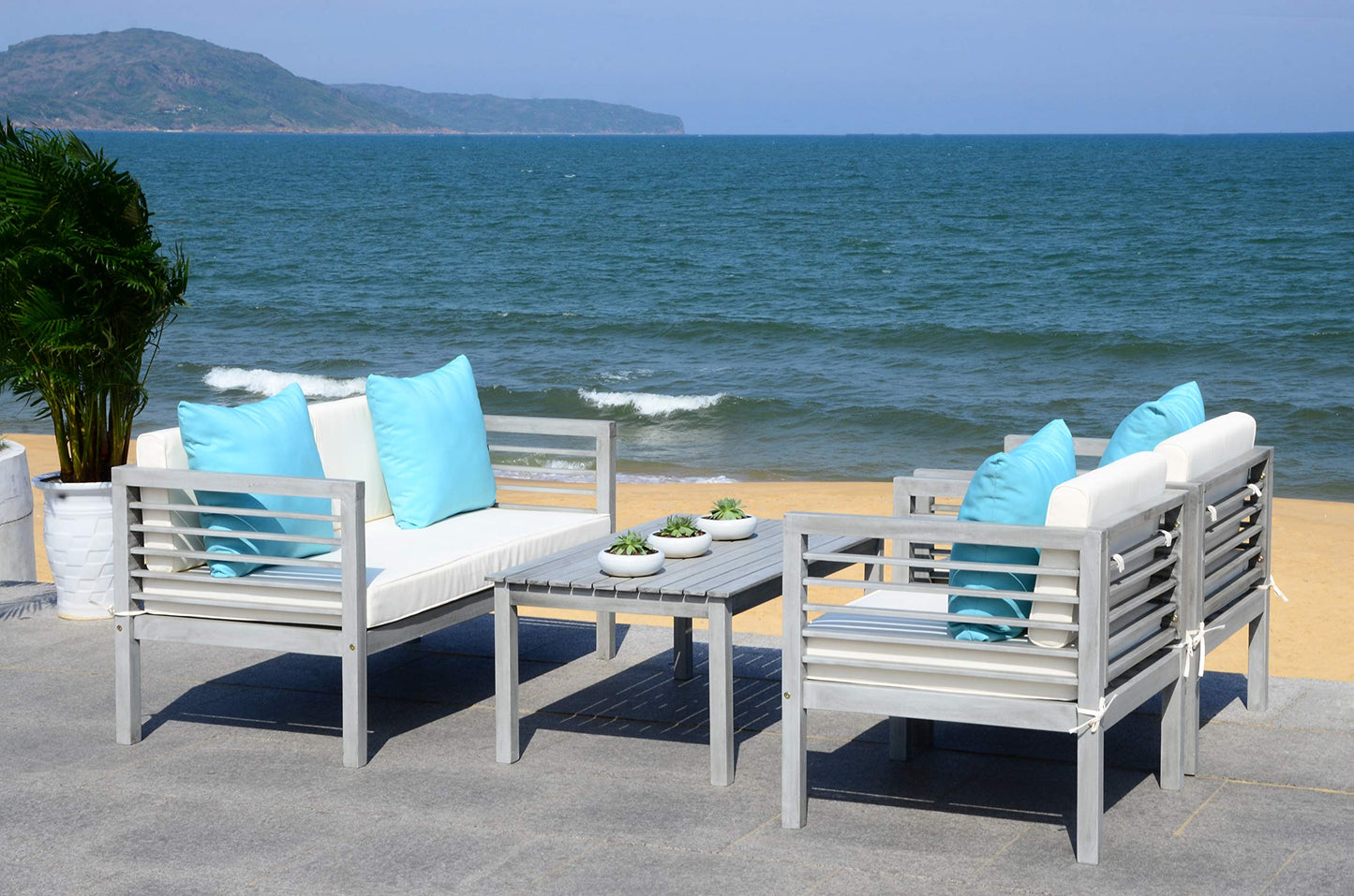 SAFAVIEH Outdoor Collection Alda Grey Wash/ White Cushions/ Light Blue Pillows 4-Piece Conversation Patio Set