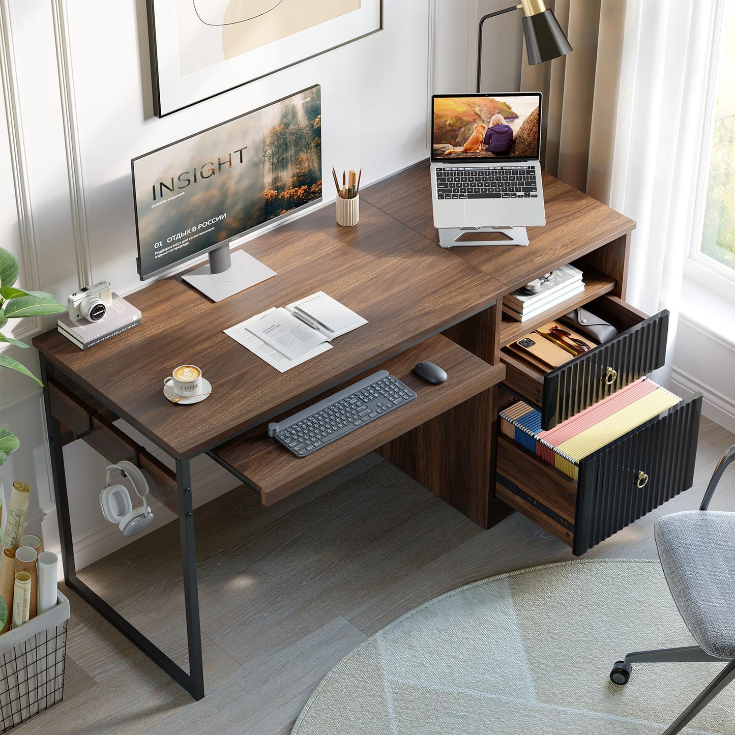 Bestier 55 Inch Computer Desk with Keyboard Tray, Modern Office Desk with Storage, Wood Writing Desk with File Drawer, Fluted Panel & 2 Hooks for Home Office & Studio, Cherry