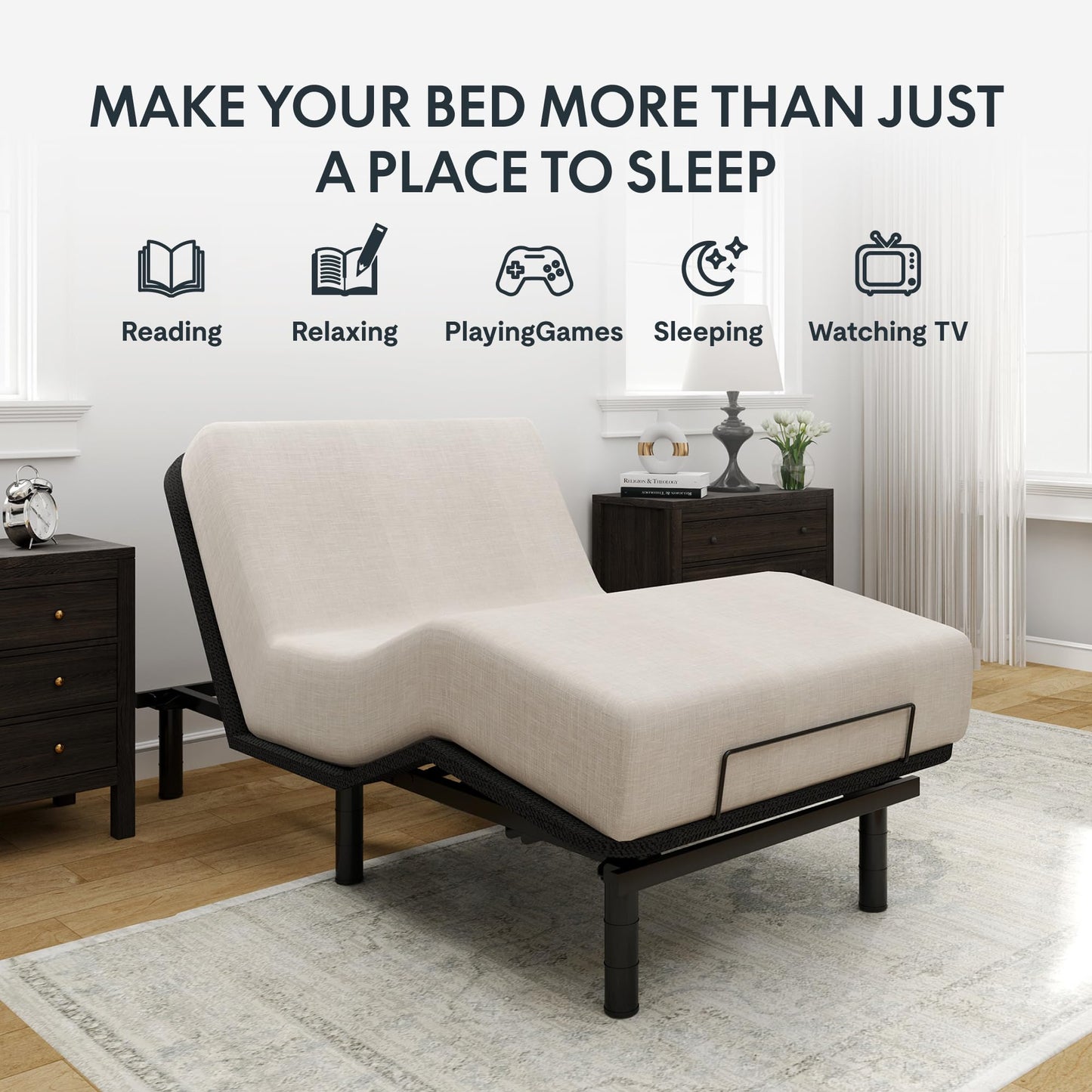 FLEXISPOT Adjustable Bed Frame Base Twin XL,Segmented Design,Easy Assemble, Oxford Fabric Bedspread,Wired Remote,Whisper Quiet Durable Motor,Mattress Holder, No Box Spring.
