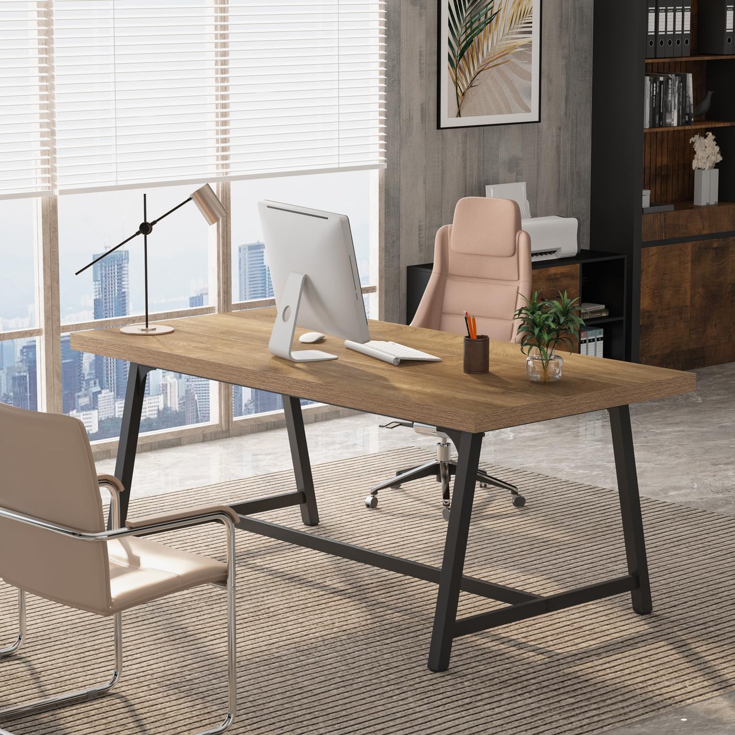 Tribesigns 6FT Rectangle Conference Table, 70.87L x 33.46W x 29.92H Inches Meeting Table for Conference Room, Wood Office Executive Desk with Strong Metal Frame for 6 People, Yellow Brown