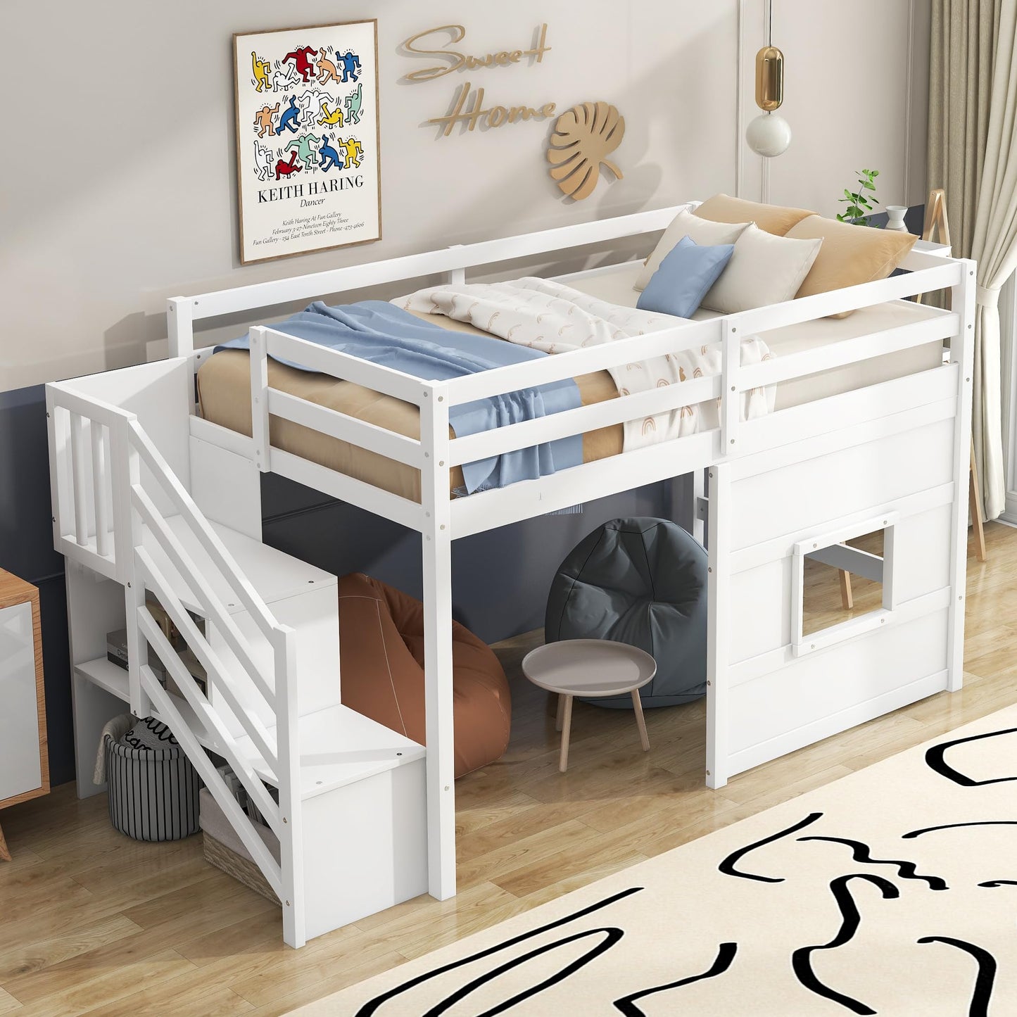Merax Twin Size Loft Bed with Storage Staircase, Solid Wood Loft Bed Frame with LED Light and Safety Guardrail, Under-Bed Play Space, Playhouse Beds for Kids, Boys, Girls,White