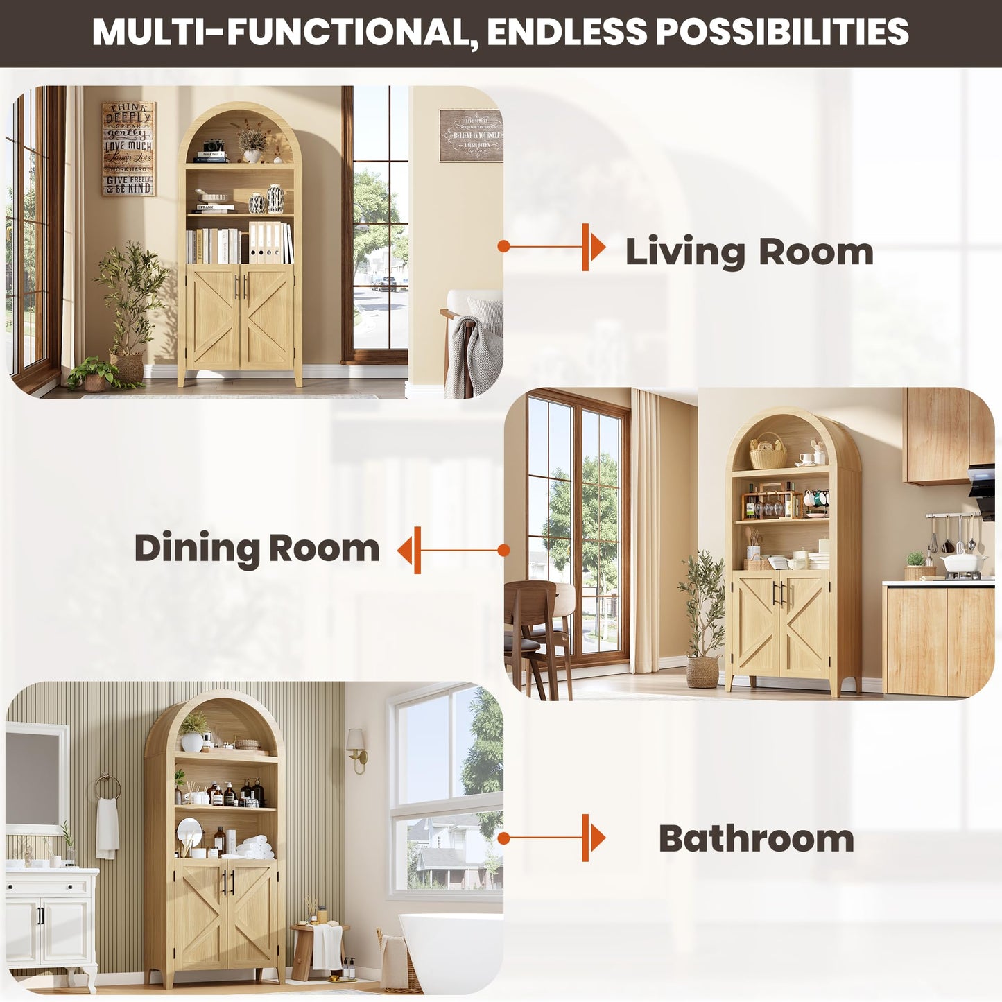 IDEALHOUSE Arched Kitchen Pantry Cabinet with Doors, 5-Tier Wooden Display Cabinet with Adjustable Shelf, Farmhouse Storage Organizer for Kitchen, Dining Room, Living Room, Home Office, Natural