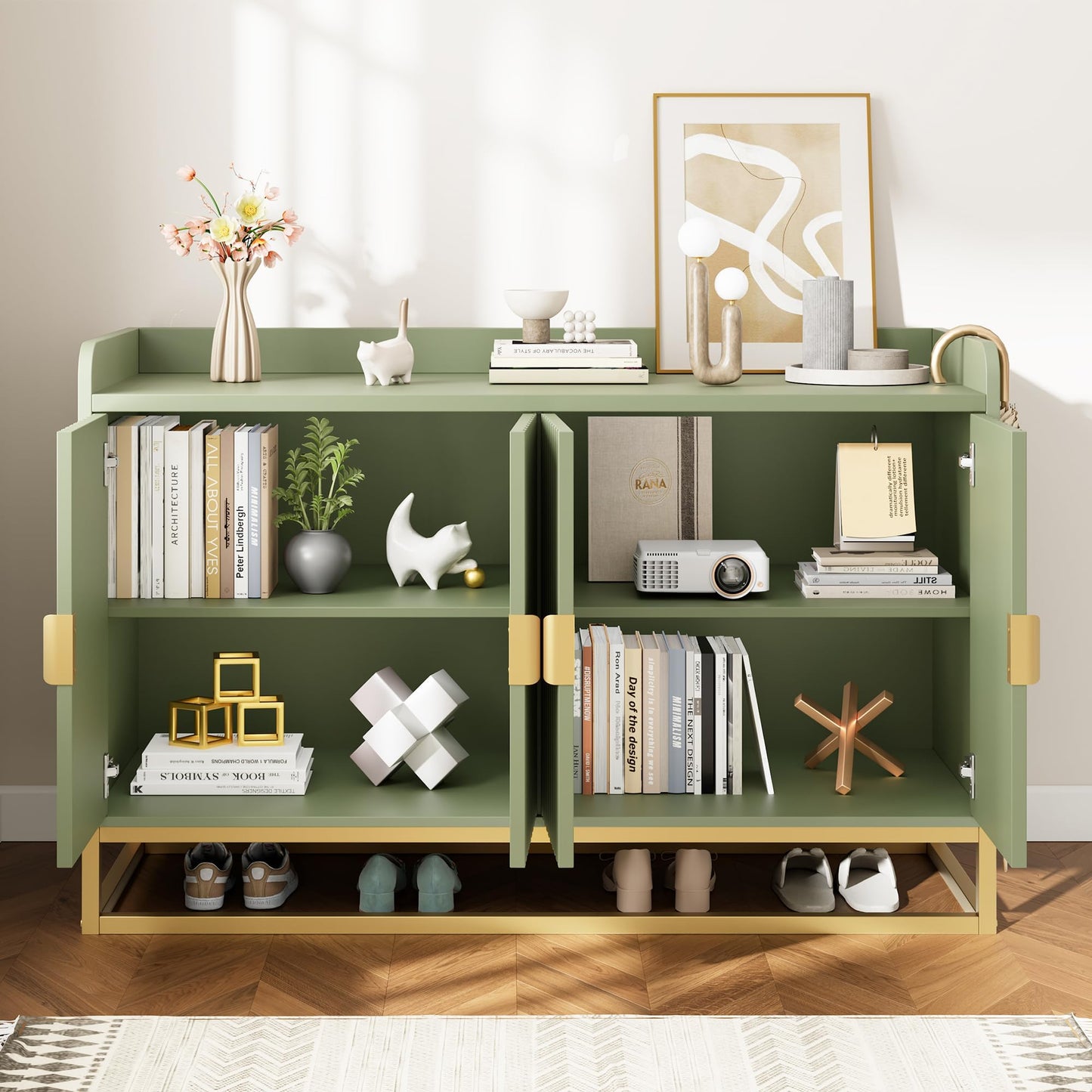 Garvee 47.2" Fluted Sideboard with Storage Cabinet, Modern Kitchen Sideboard with Adjustable Shelves, Media Console Buffet Cabinet with Doors for Living Room, Kitchen, Entryway, Green