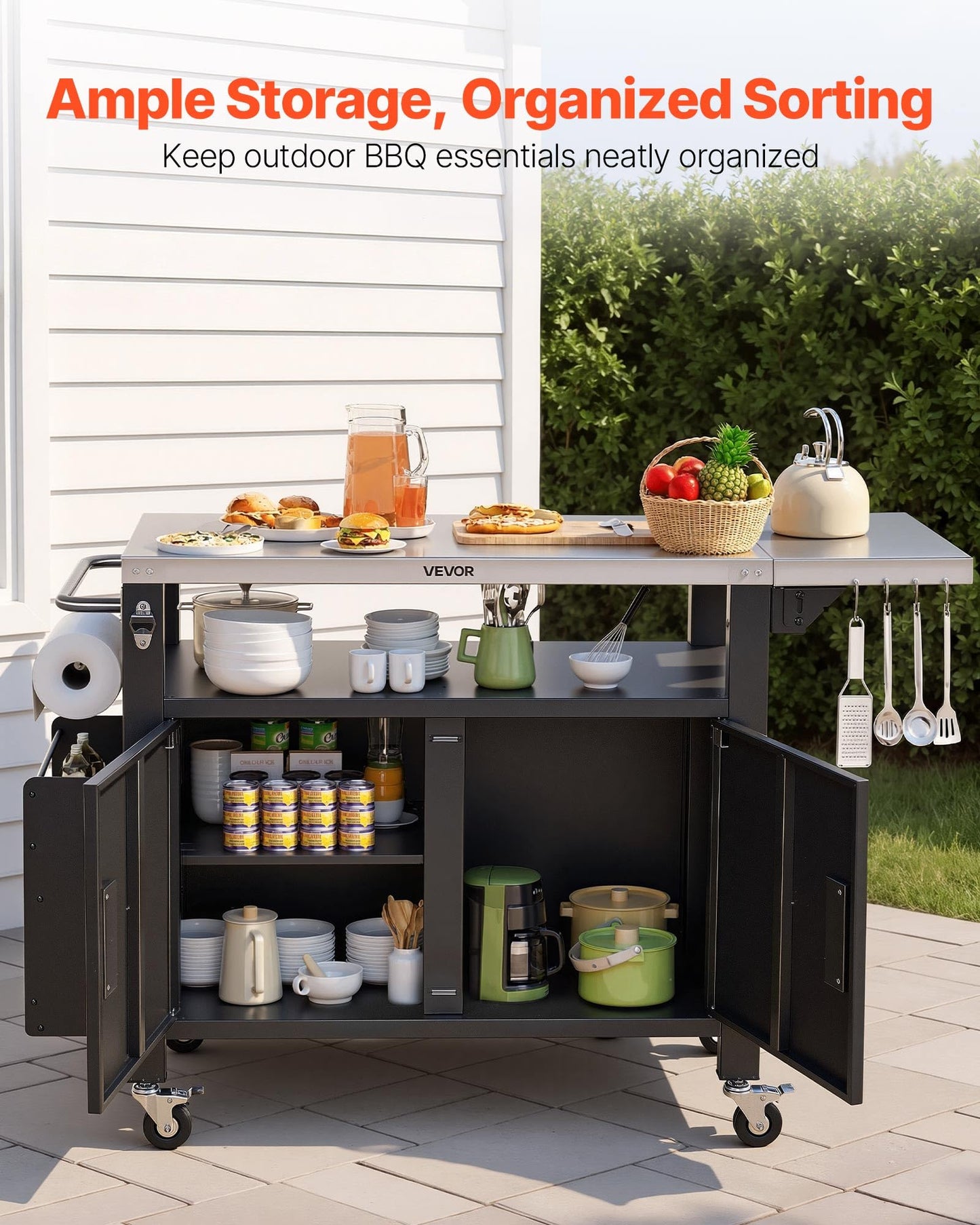 VEVOR Outdoor Grill Cart with Storage Cabinet, 55.1 Inch Grill Table, Waterproof Kitchen Island with Stainless Steel Top, Shelf, and Wheels, Movable Food Prep Station for Patio Bar Backyard BBQ