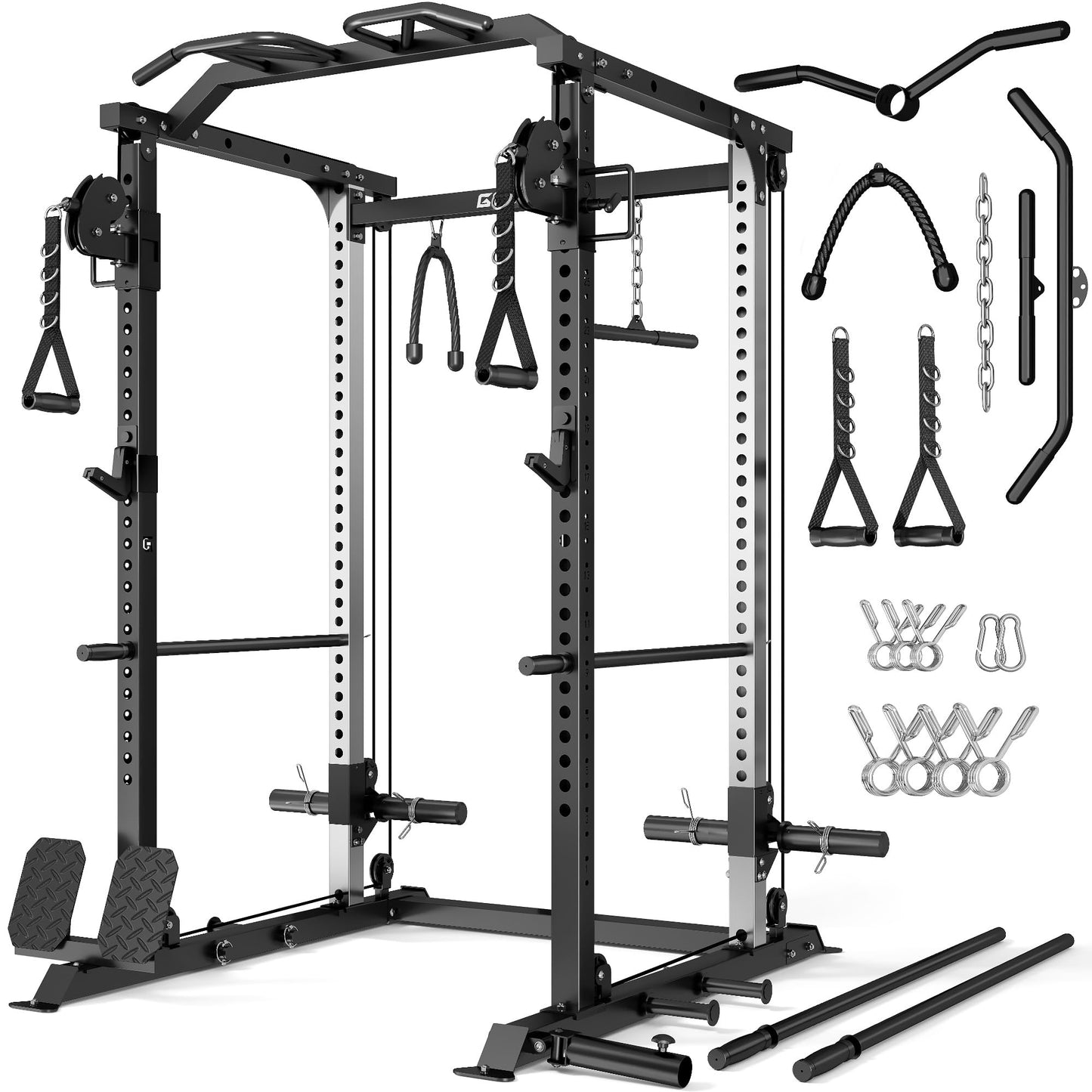 GOIMU DP01 Power Cage, 2000LBS Squat Rack with Cable Crossover and Dual Independent Pulley System, Full Cage for Full Body Training, Power Rack with More Training Attachments for Home Gym(Black)